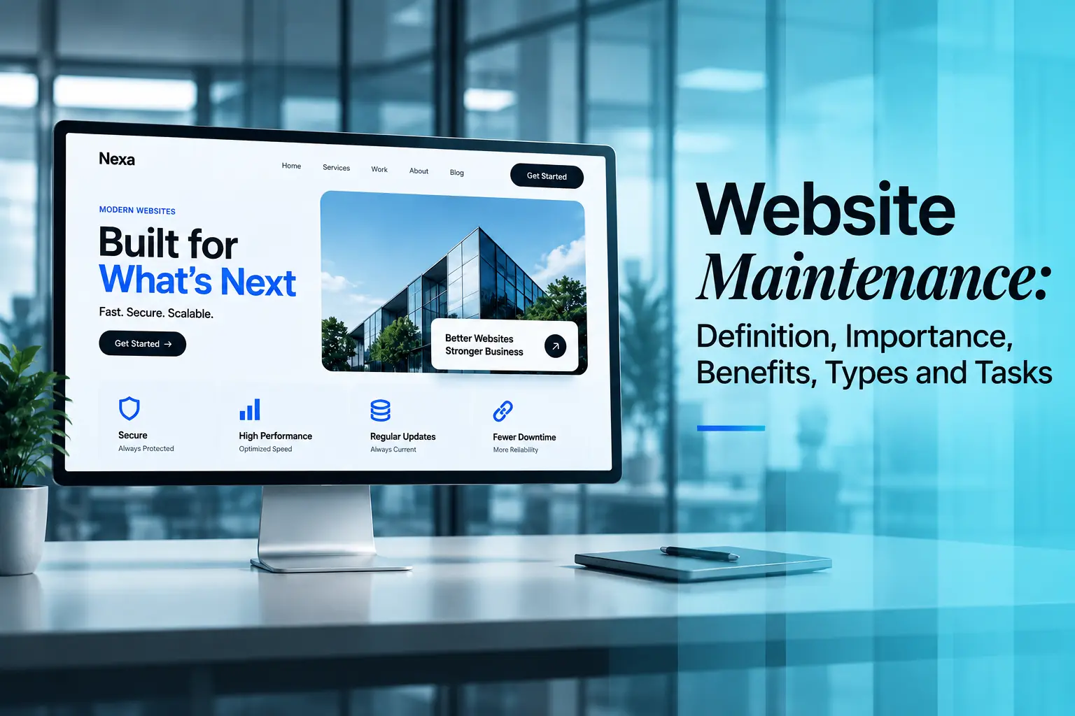 Website maintenance guide illustrating secure updates, performance optimization, uptime monitoring, and scalable business website management.