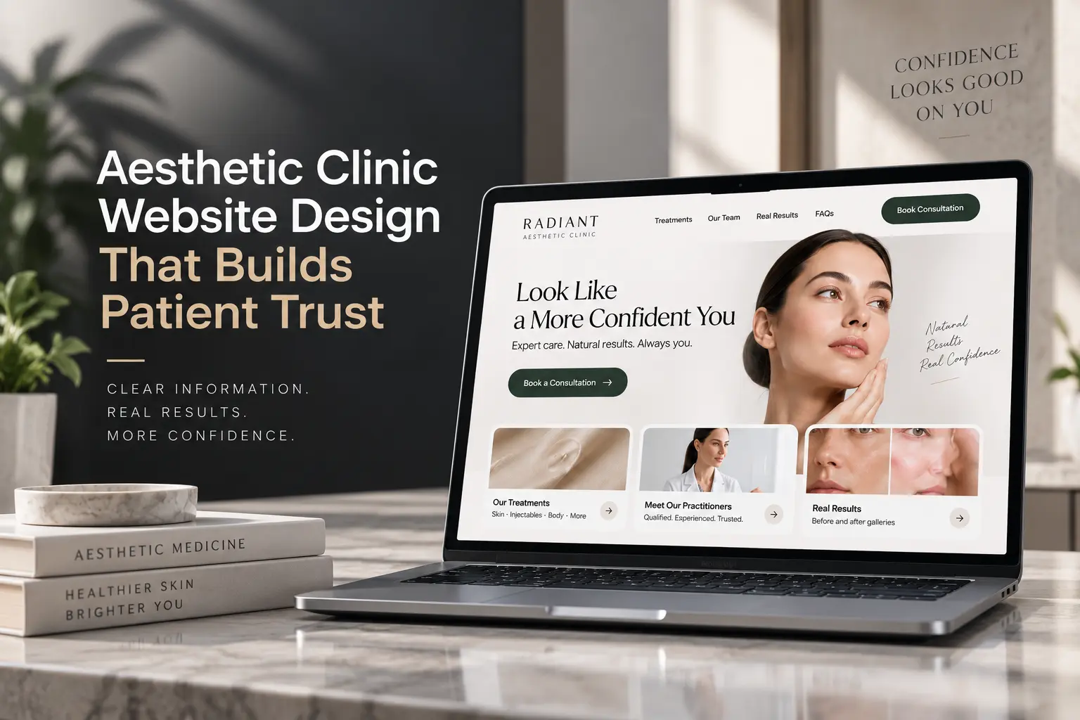 Aesthetic clinic website design displayed on a laptop with treatment information, practitioner profiles, patient results, and consultation booking.