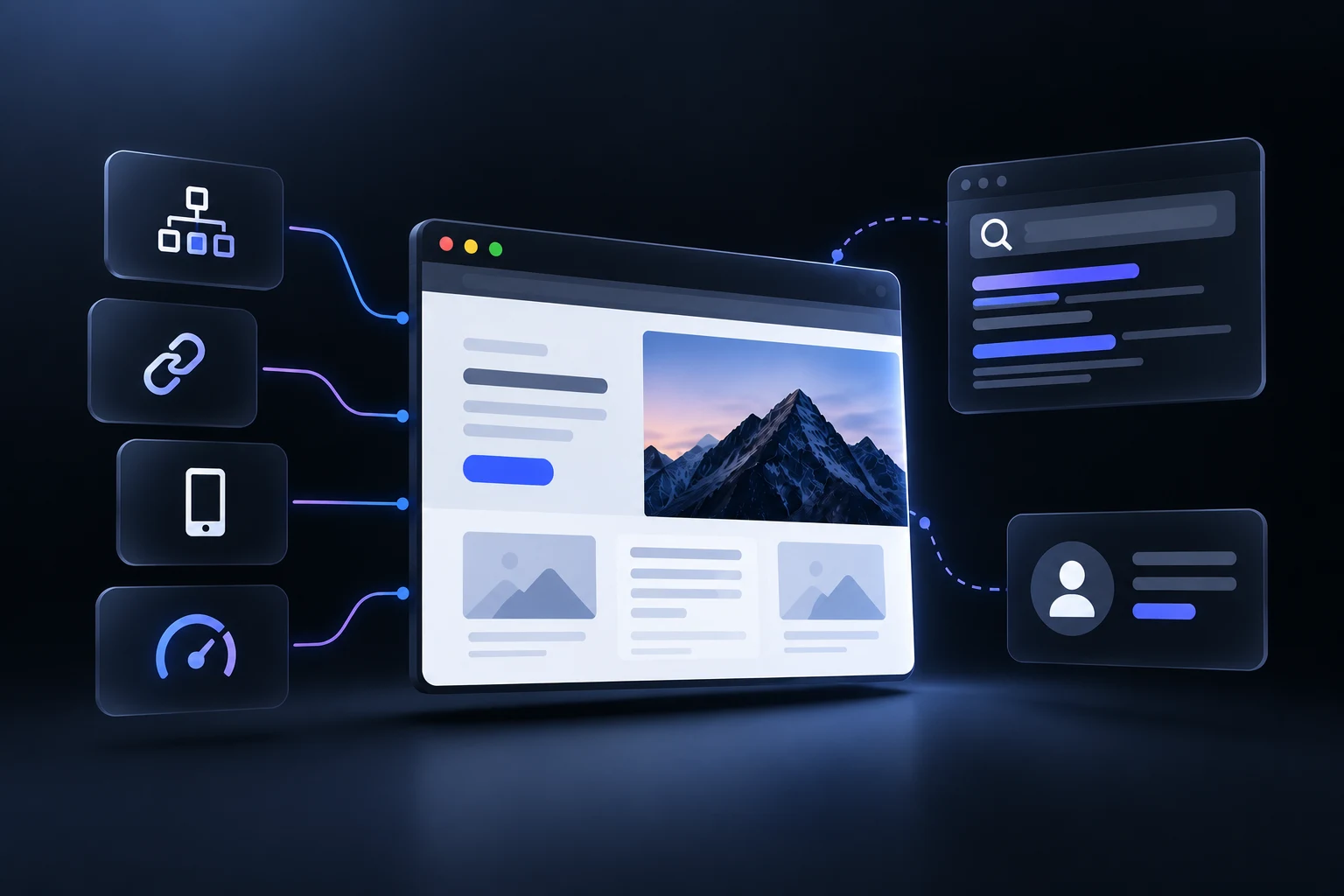 SEO website design diagram connecting site structure, internal links, mobile optimization, speed, search visibility, and user experience.