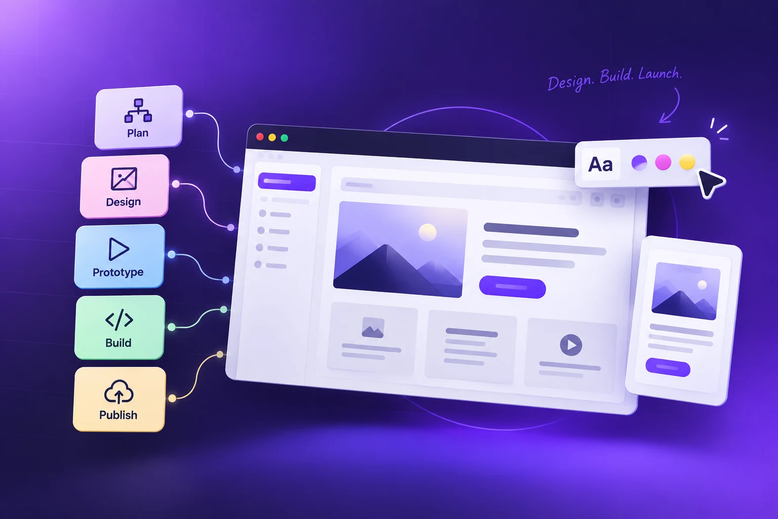 Alt tag: “Web design tools workflow showing planning, visual design, prototyping, coding, publishing, typography, color selection, and responsive layouts.