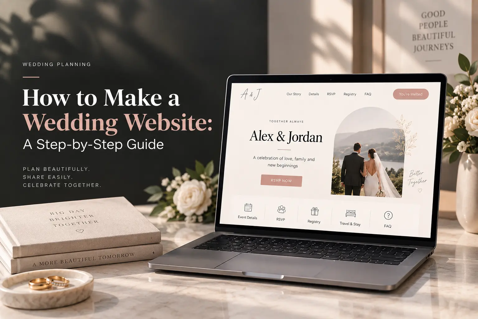 Wedding website guide showing a couple’s event page with RSVP, registry, travel details, FAQs, and elegant floral styling.