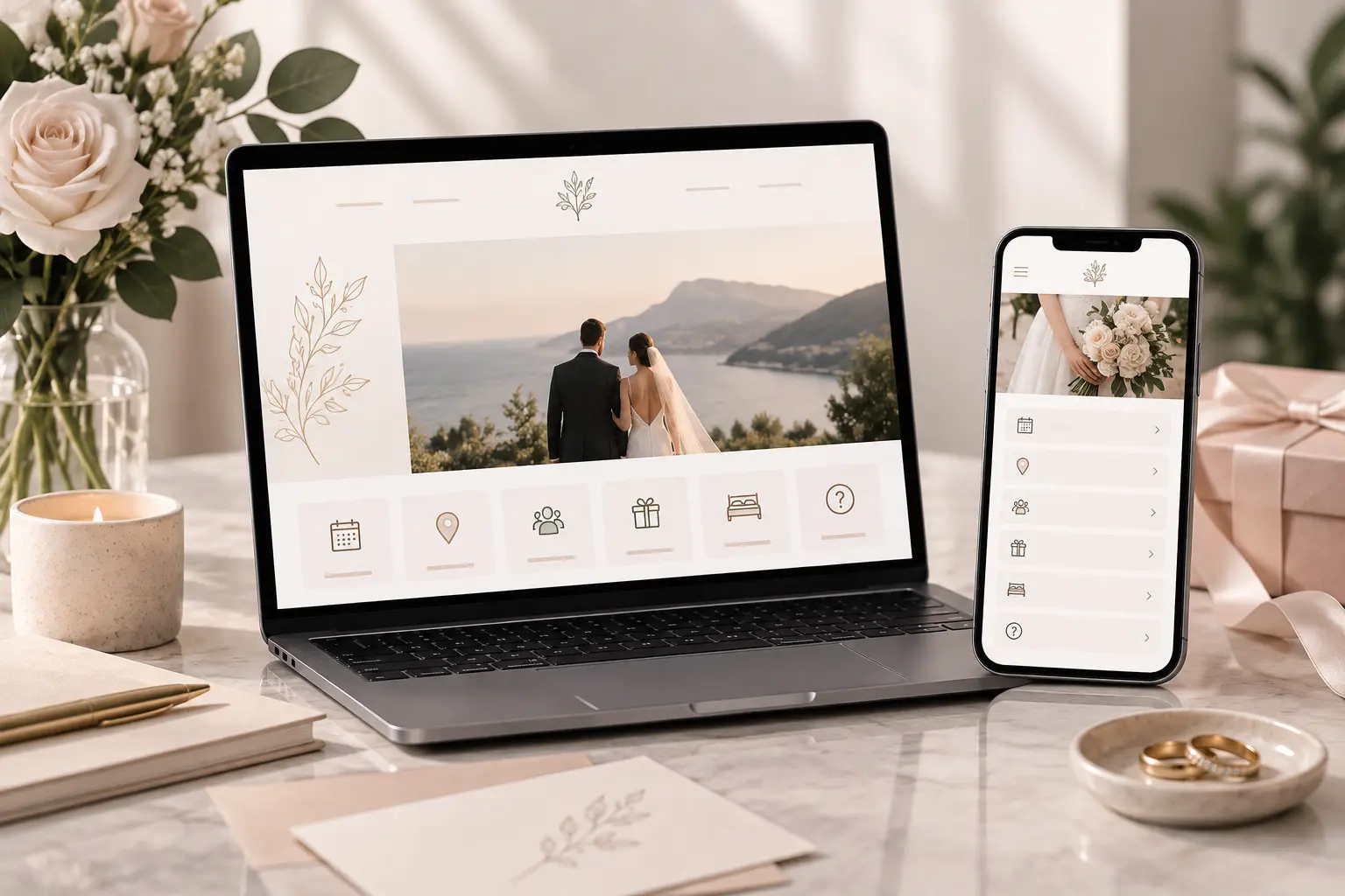 Responsive wedding website displayed on laptop and mobile with ceremony details, venue, guest information, registry, accommodations, and FAQs.