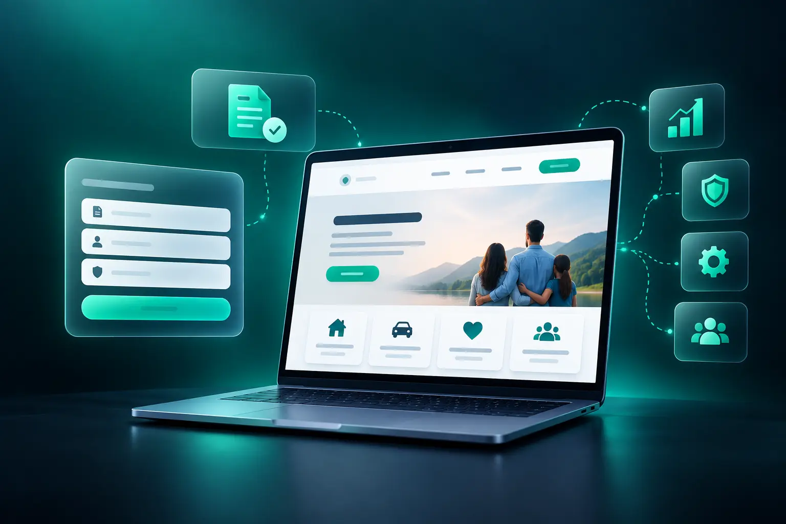 Insurance website design featuring online quote forms, policy management, secure customer portal, responsive design, and lead generation tools.