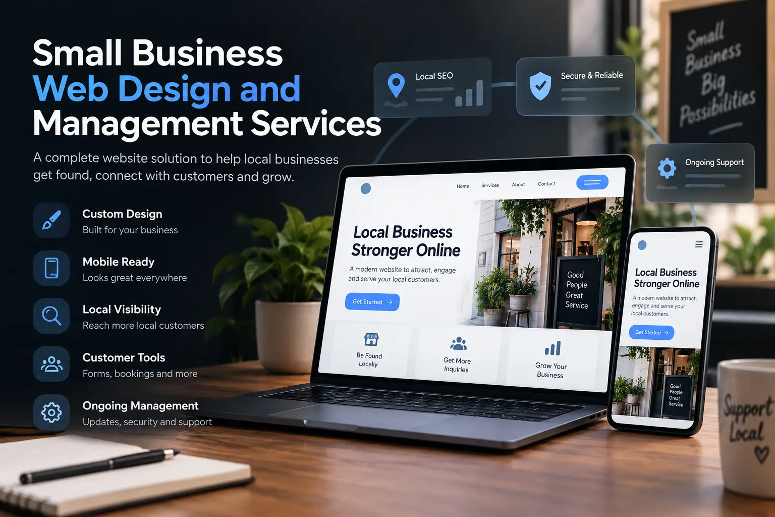 Small business web design and management services featuring responsive website design, local SEO, customer tools, website security, and ongoing support.