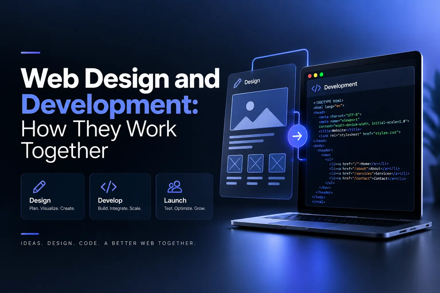 Web design and development workflow showing UI design, front-end development, coding, website launch, and responsive website creation.
