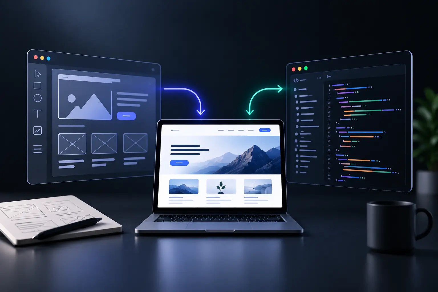 Web design and development process showing UI wireframes, front-end coding, responsive website development, and website implementation workflow.