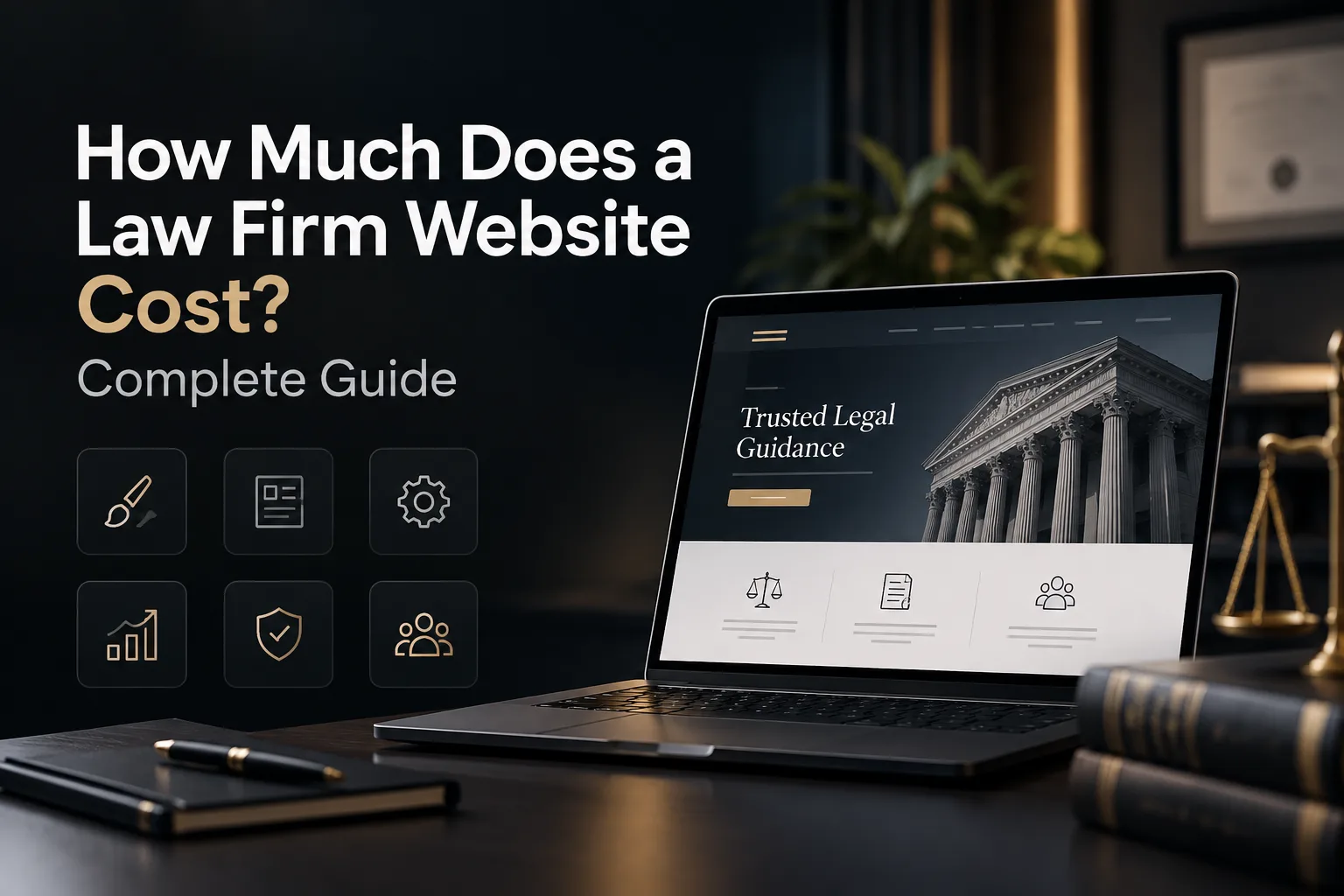 Law firm website cost guide featuring a professional attorney website design with legal services, client trust, security, and responsive web development.