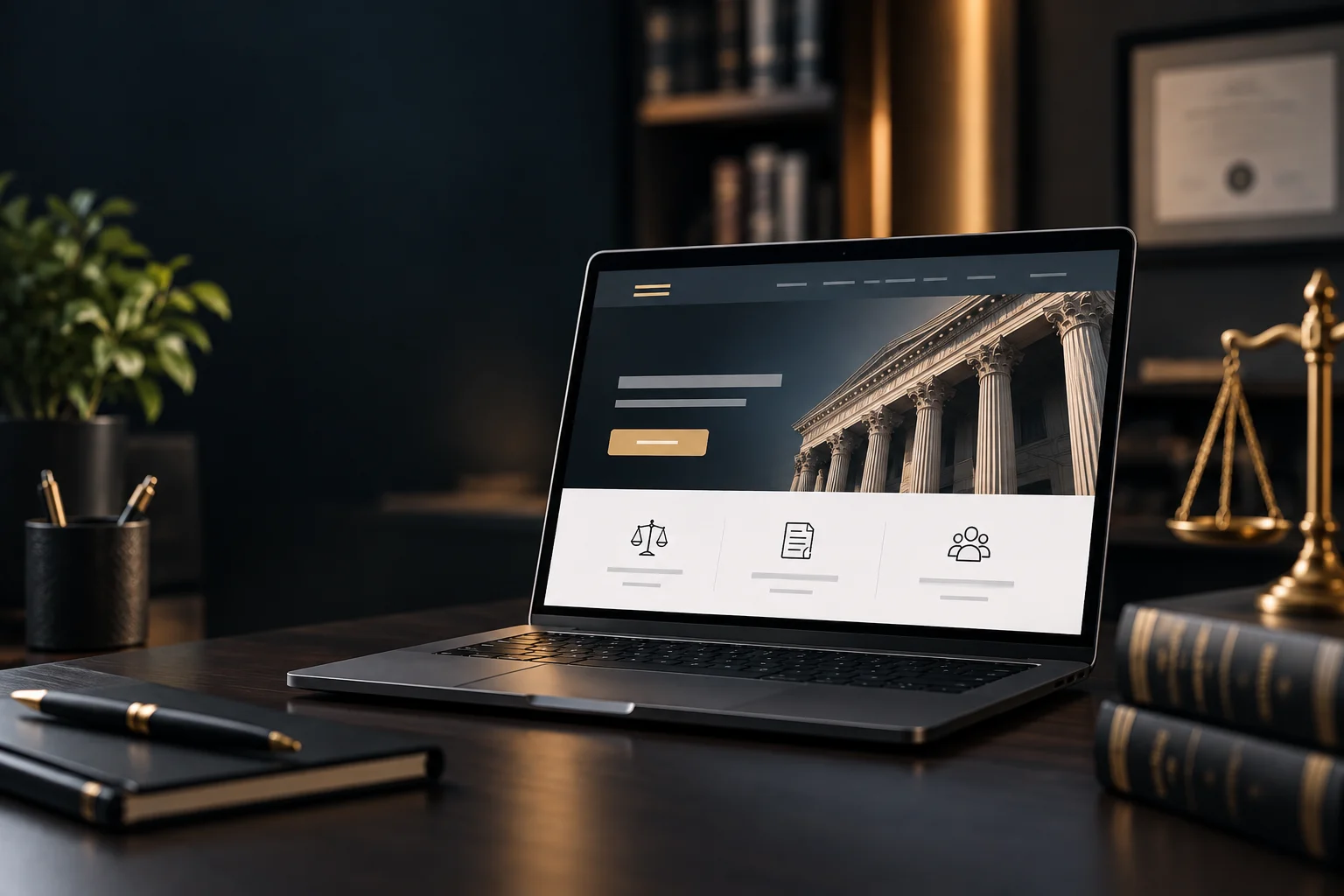 Professional law firm website design with attorney services, legal consultation, responsive web design, client-focused navigation, and trust-building features.