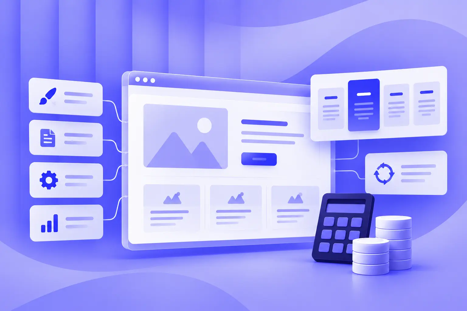 Web design agency pricing illustration showing website project scope, pricing factors, design components, content, maintenance, and website development costs.