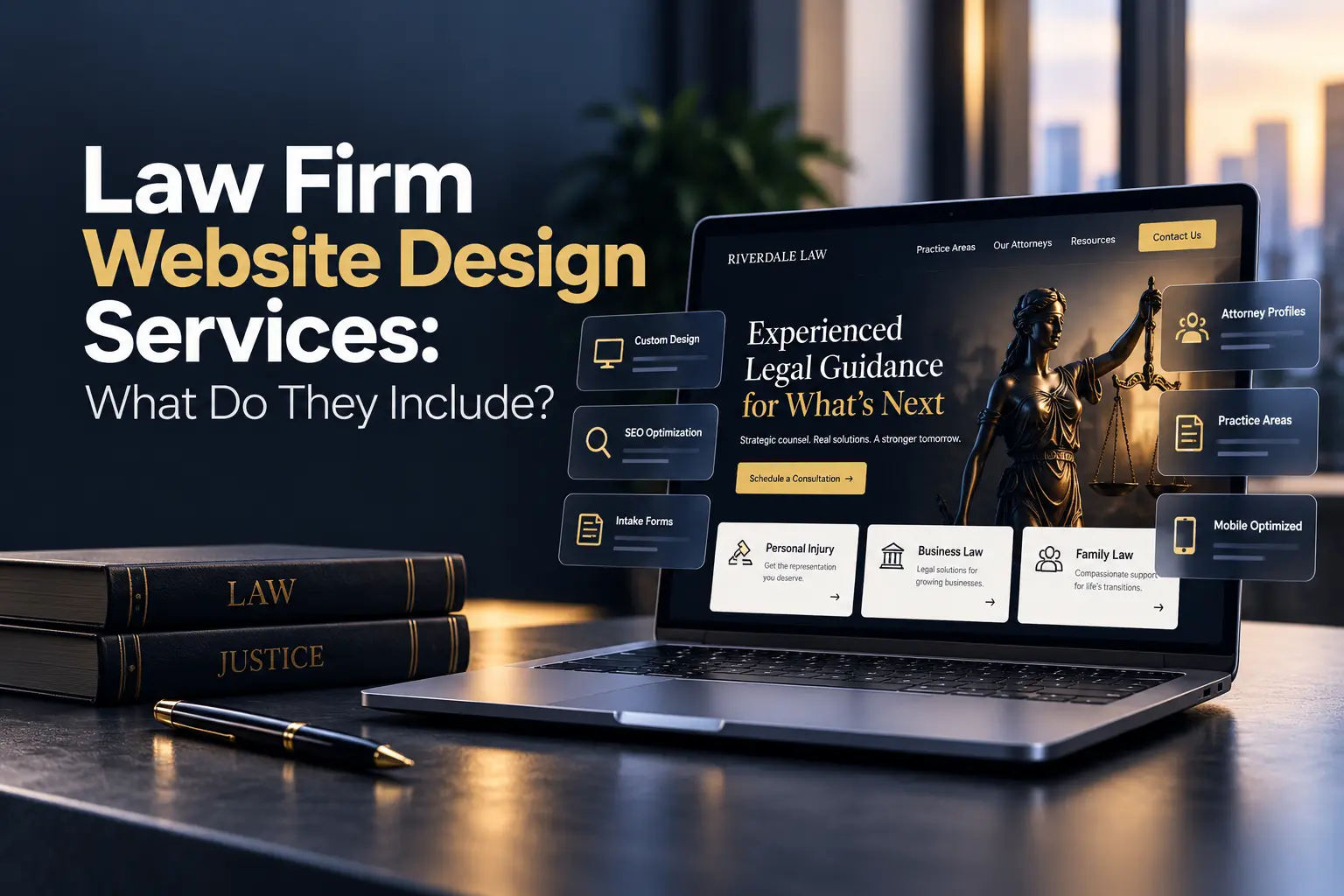 Law firm website design services featuring attorney profiles, practice area pages, SEO optimization, intake forms, responsive design, and legal consultation.