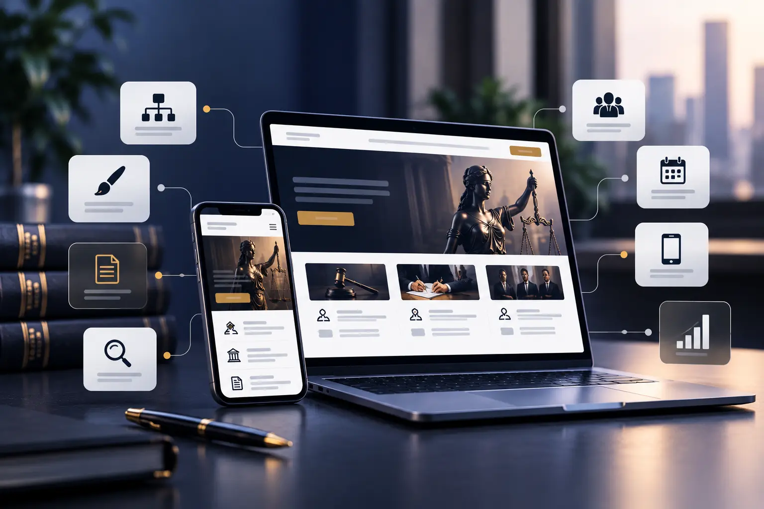 Custom law firm website design featuring attorney profiles, practice area pages, legal content, responsive design, SEO optimization, and client intake tools.