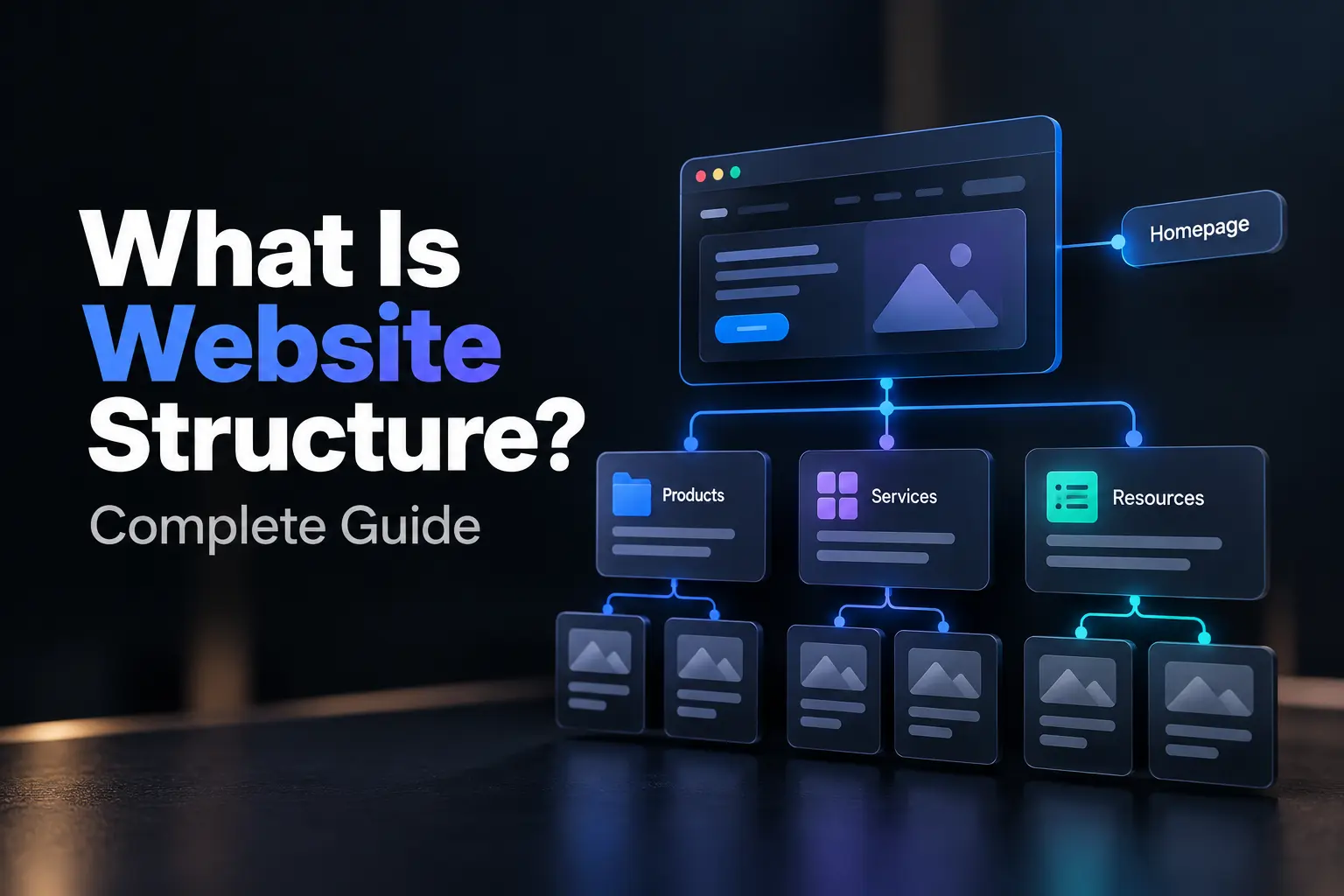 Website structure diagram illustrating homepage hierarchy, category pages, internal linking, products, services, resources, and SEO-friendly site architecture.