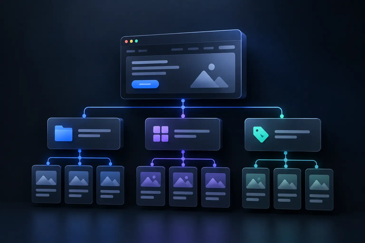 Website architecture diagram illustrating homepage hierarchy, categories, subcategories, landing pages, internal linking, and SEO-friendly website structure.