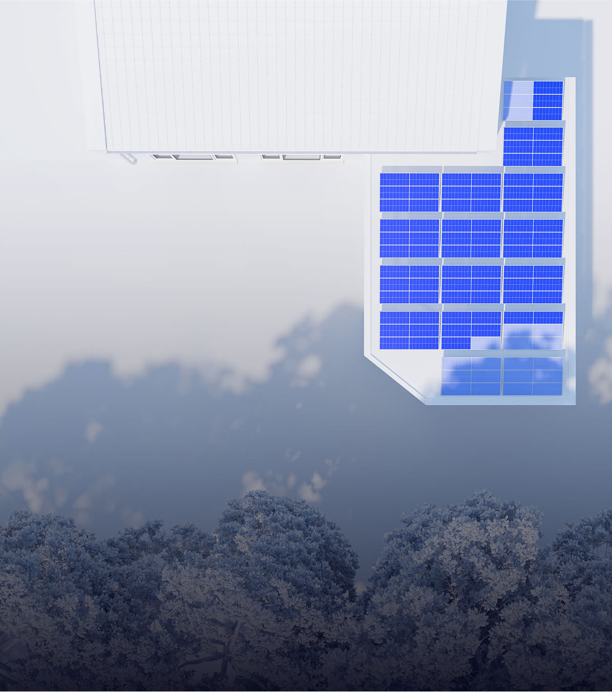 House with flat roof and sixteen Taylor solar panels partly shaded by a tree