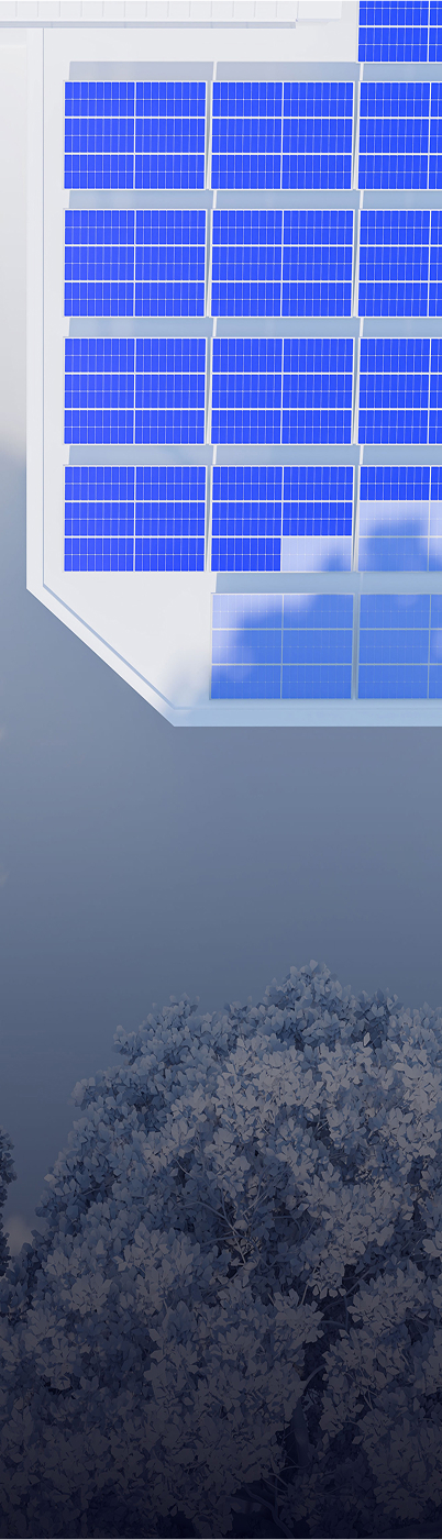 House with flat roof and sixteen Taylor solar panels partly shaded by a tree