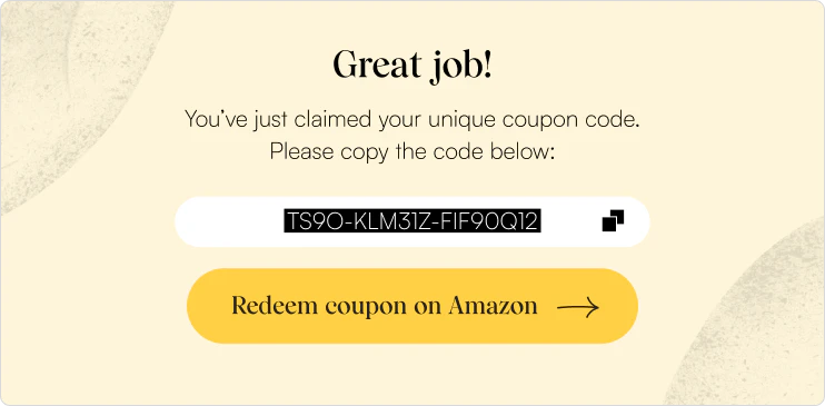 Coupon code claim confirmation page showing a unique code and a redeem button