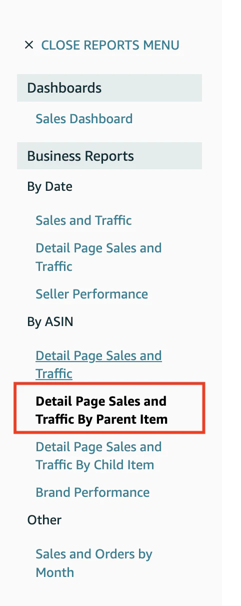 Amazon Seller Central menu showing detail page sales and traffic by parent item
