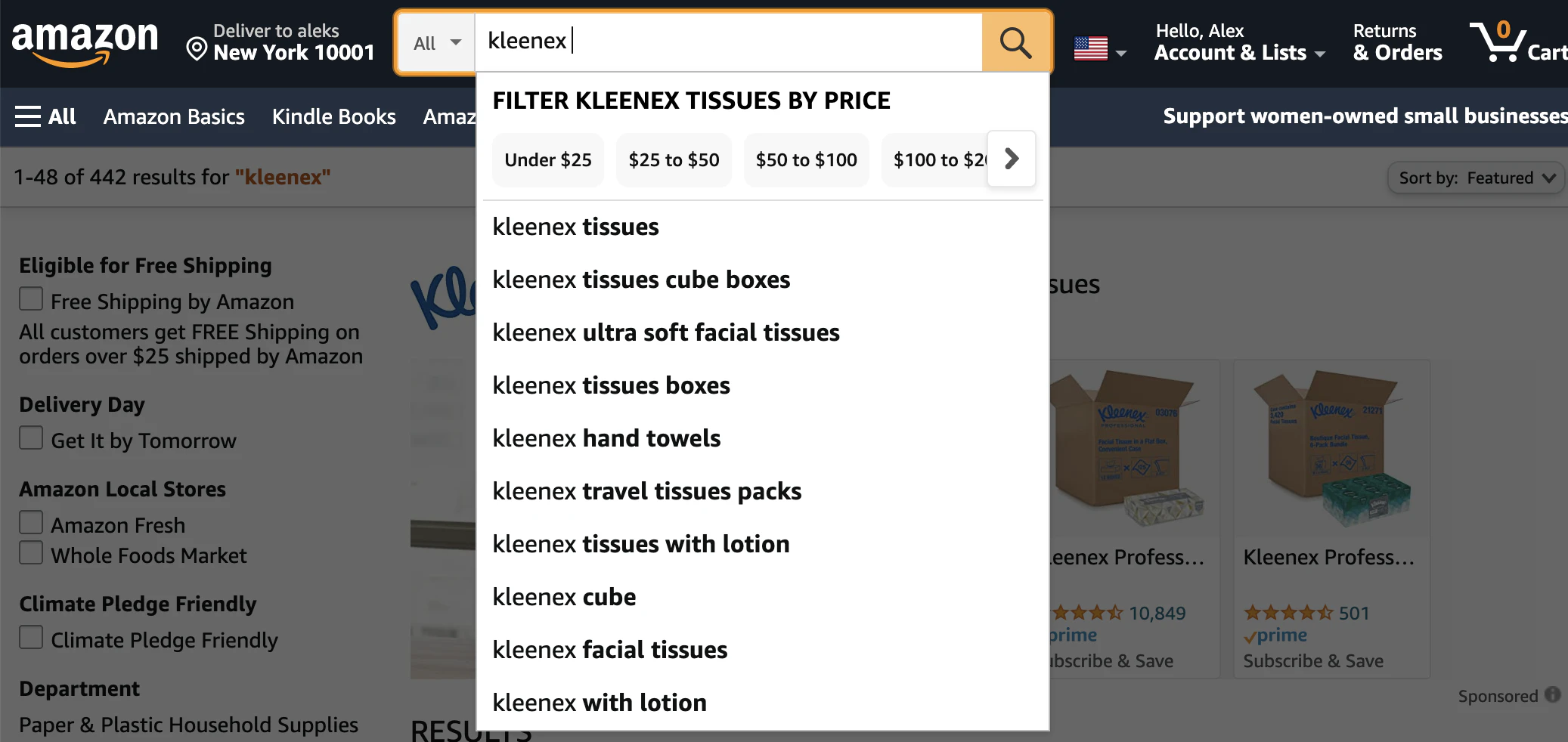 Amazon search results page for Kleenex demonstrating brand awareness and search behavior