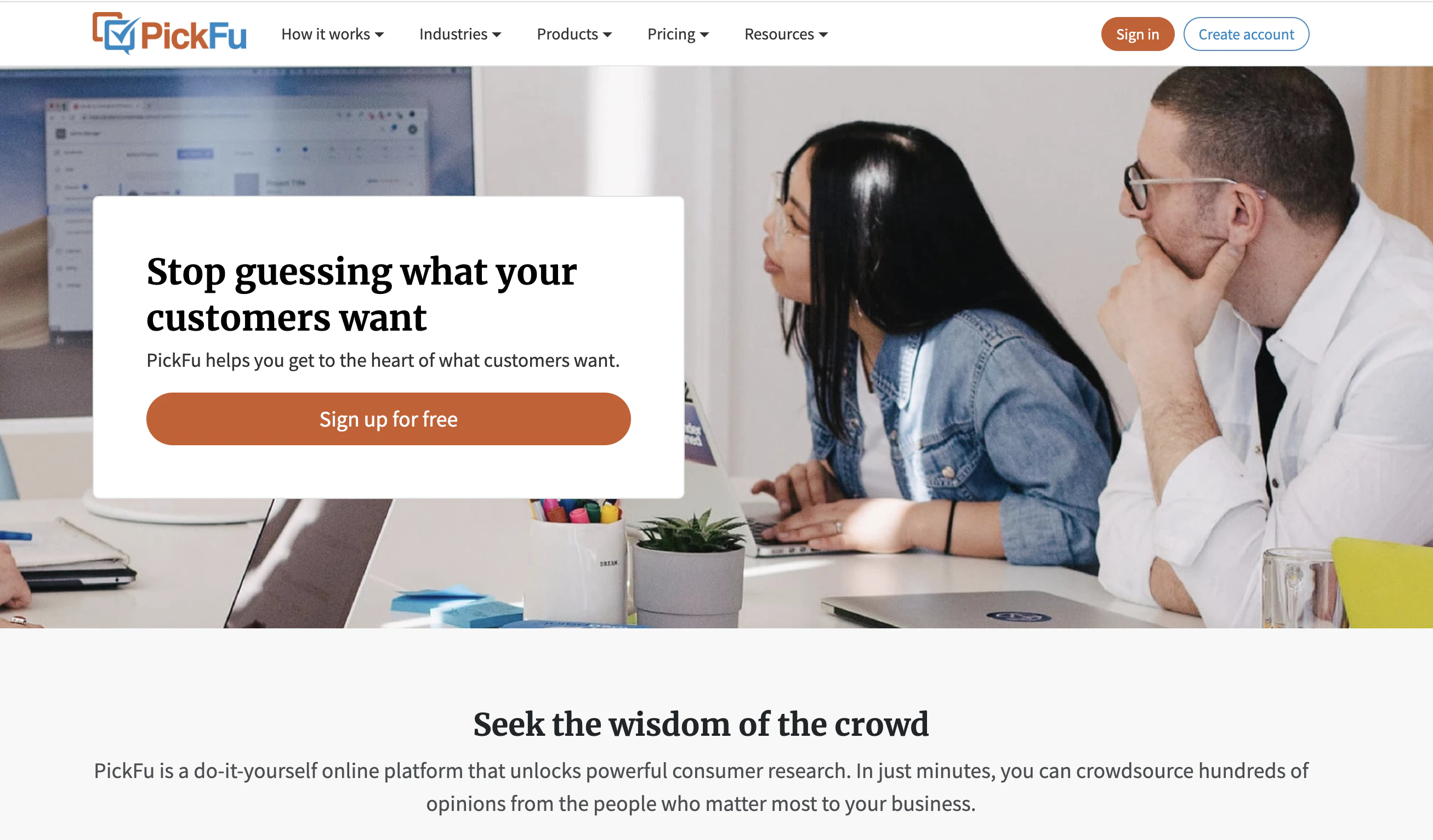 PickFu homepage featuring a sign up call to action for consumer research