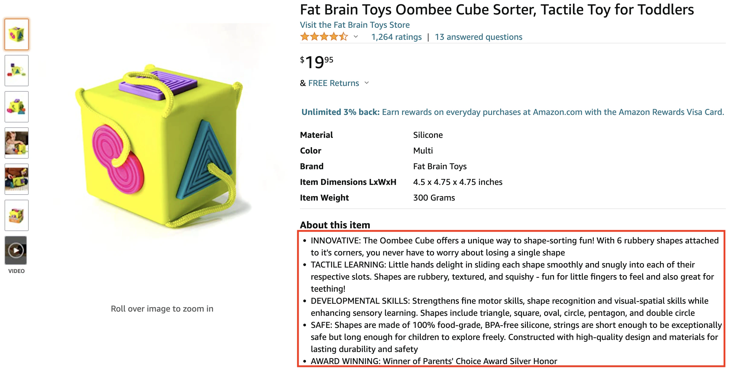 Amazon product detail page for a toy cube showing bullet points to help buyers understand product benefits