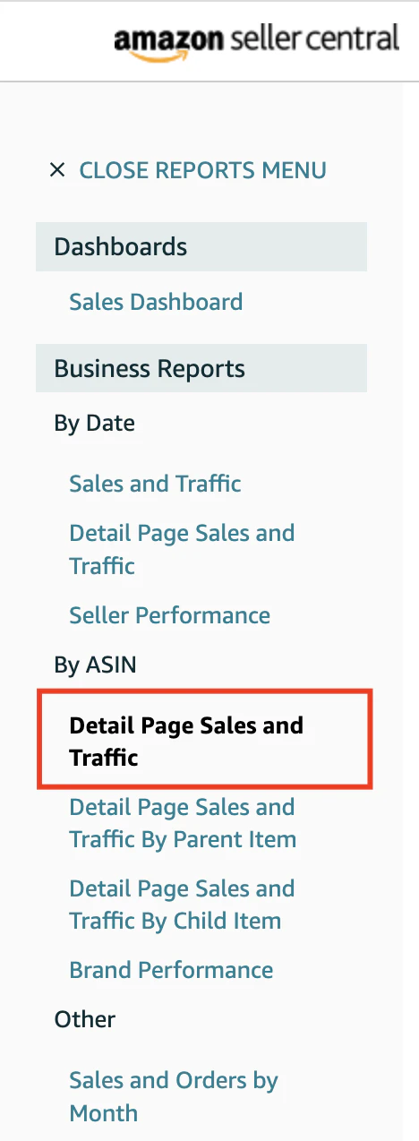 Amazon Seller Central menu highlighting detail page sales and traffic option for reporting