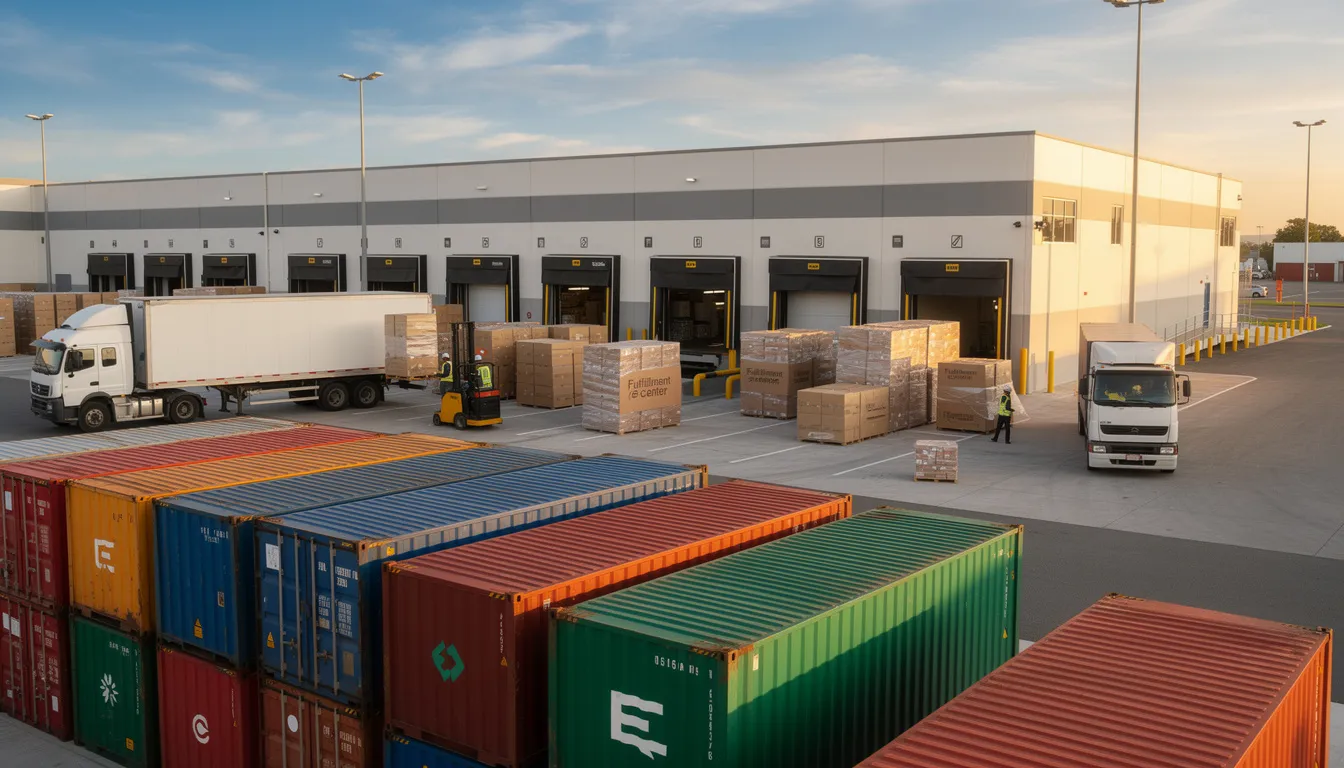 The image depicts a bustling logistics warehouse filled with colorful shipping containers, symbolizing Amazon FBA fulfillment. This scene highlights the importance of digital marketing services and innovative solutions in enhancing brand visibility and driving e-commerce success for businesses seeking to optimize their operations.