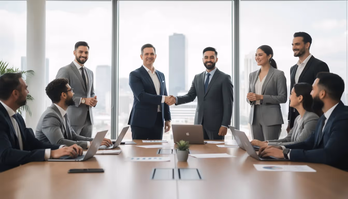 The image depicts two business professionals engaged in a handshake within a modern meeting room, symbolizing partnership and collaboration. This moment reflects the importance of effective marketing strategies and digital marketing services in achieving business goals and fostering successful campaigns.