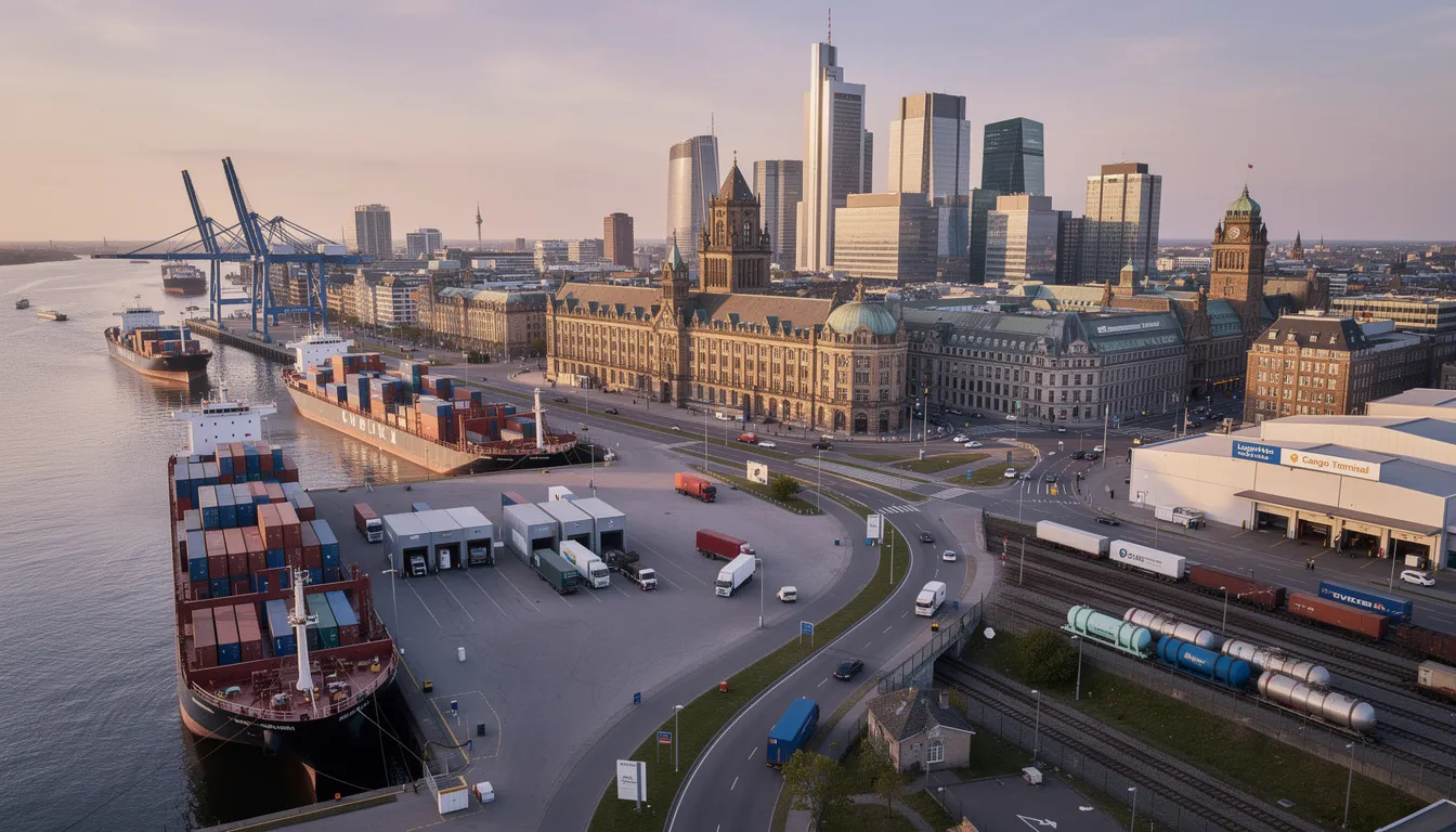 The image showcases a vibrant European city skyline, featuring modern buildings alongside shipping and logistics elements such as cargo ships and containers, symbolizing the intersection of urban life and trade. This scene reflects the importance of digital marketing services and innovative solutions in enhancing brand visibility and driving e-commerce success within the logistics sector.