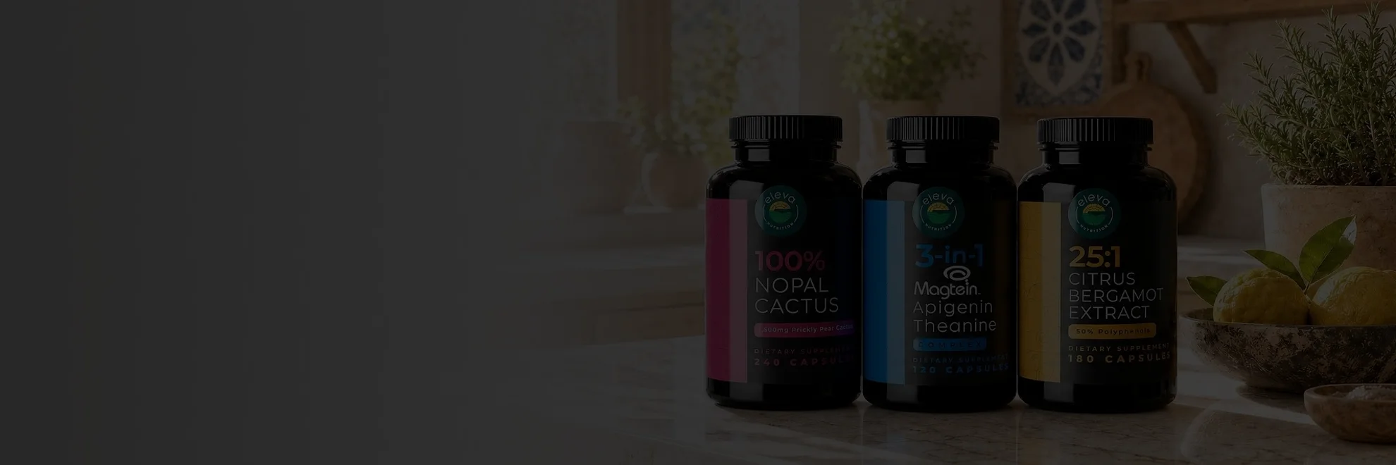 Eleva Nutrition Nopal Cactus, Apigenin Theanine and Citrus Bergamot bottles on a sunlit kitchen counter