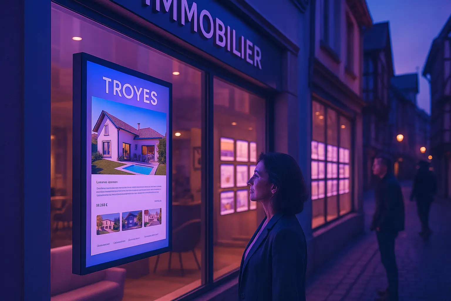 Femme regardant un écran d’affichage dynamique devant une agence immobilière à Troyes, mis en place par NEOXO.