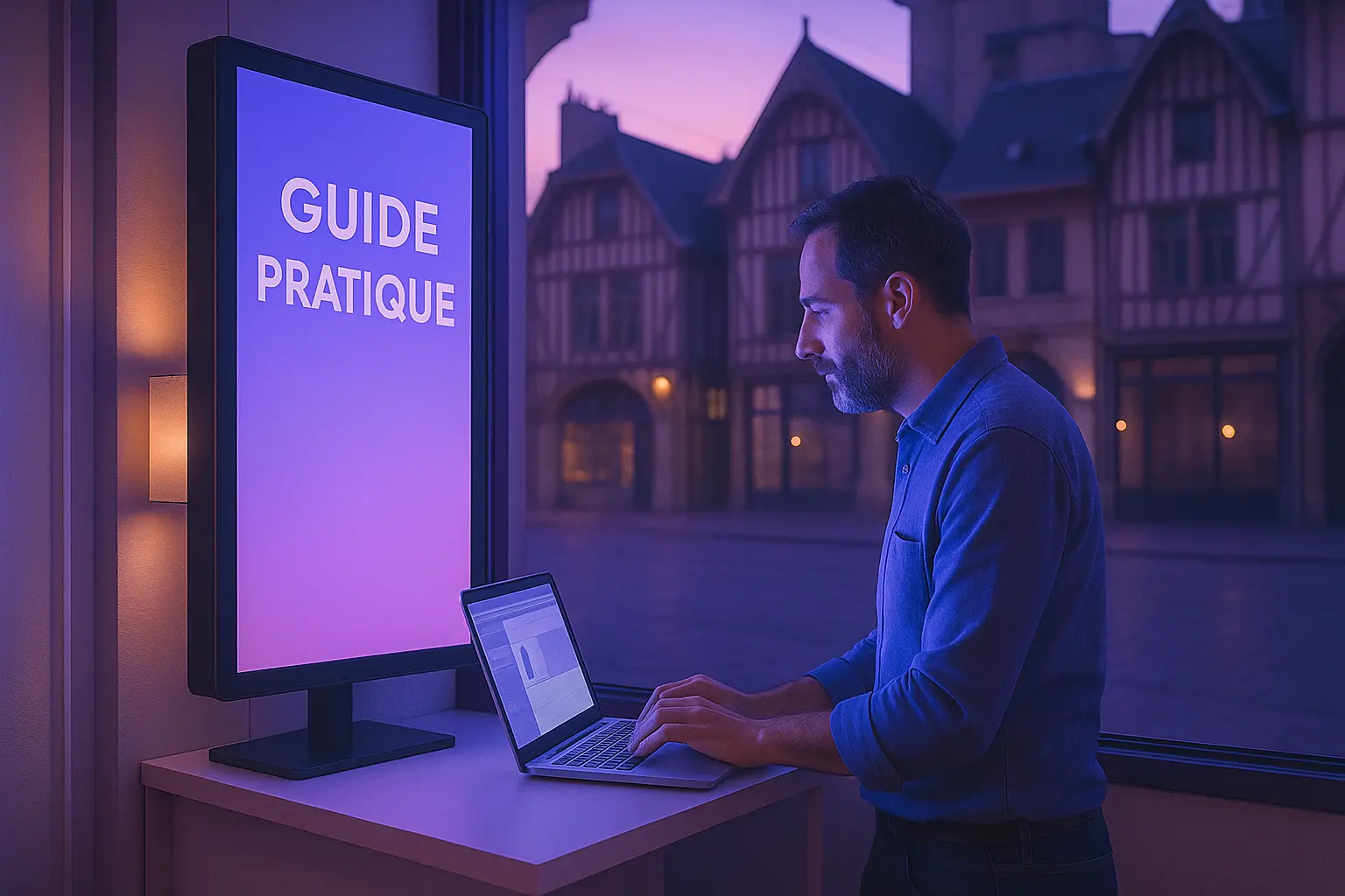 Homme en chemise bleue travaillant sur un ordinateur portable devant un écran d’affichage dynamique NEOXO affichant le texte « Guide pratique », en soirée dans un cadre urbain à Troyes, dans l’aube, architecture traditionnelle troyenne