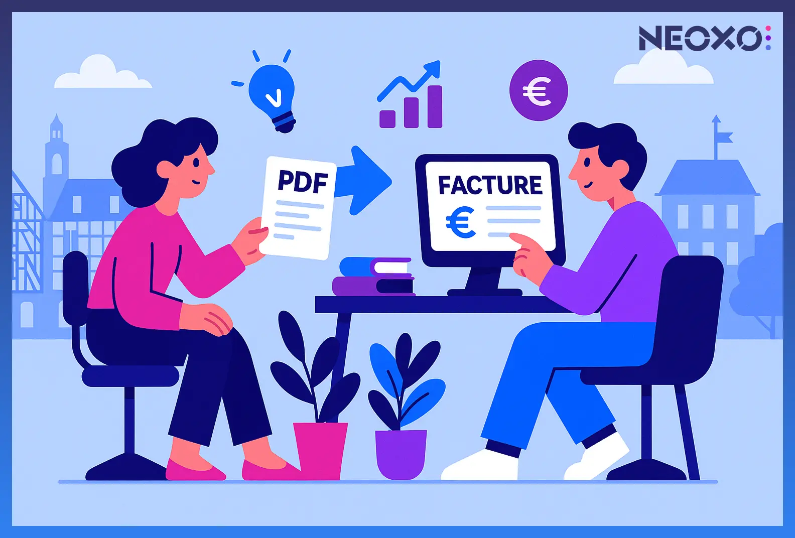 llustration représentant une femme et un homme convertissant un document PDF en facture électronique sur ordinateur. La scène, aux tons bleus et violets, symbolise la dématérialisation des factures. En arrière-plan, des bâtiments évoquent la ville de Troyes et le logo NEOXO apparaît en haut à droite.