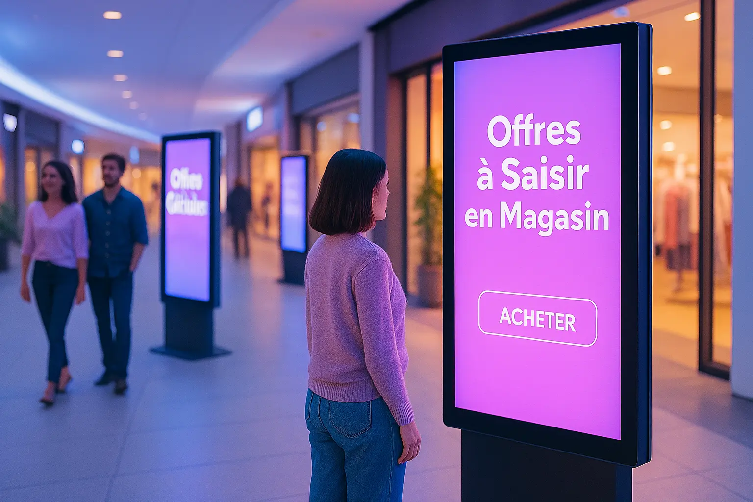 Femme regardant un écran publicitaire interactif violet affichant “Offres à saisir en magasin” le système d'affichage dynamique a été mis en place par NEOXO à Troyes dans l'Aube