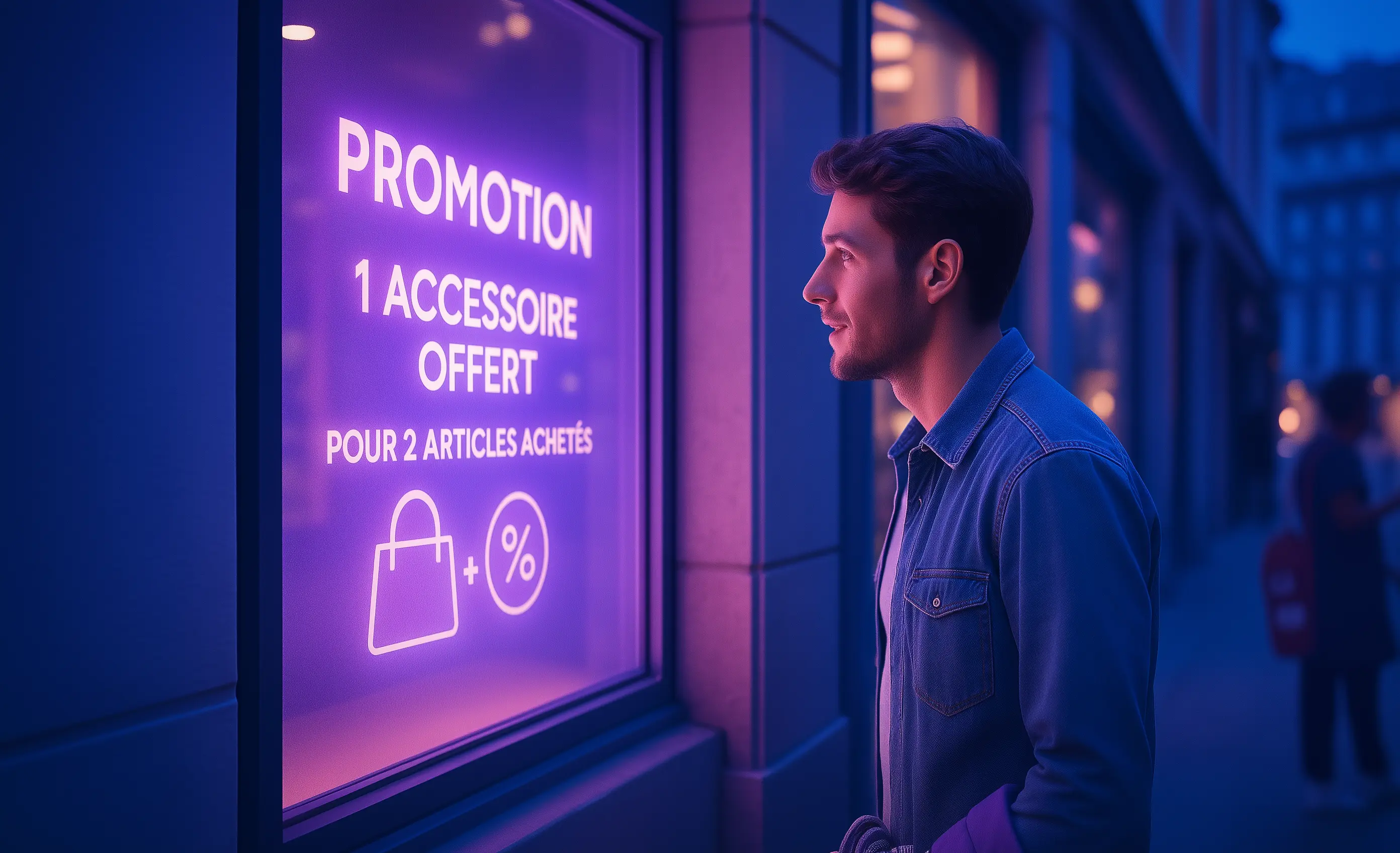 Jeune homme regardant attentivement une vitrine lumineuse indiquant une promotion spéciale : “1 accessoire offert pour 2 articles achetés”. Ambiance nocturne avec éclairage violet moderne, idéal pour illustrer l’impact de l’affichage dynamique sur l’attraction client en magasin.
