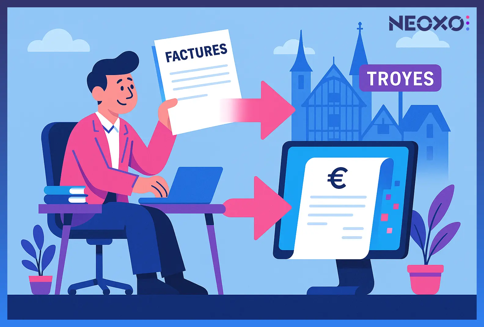 Illustration représentant un homme de bureau à Troyes numérisant ses factures. Il tient un document marqué « Factures » devant son ordinateur, où une facture électronique apparaît à l’écran avec un symbole euro. Arrière-plan bleu avec bâtiments typiques de Troyes et logo NEOXO.