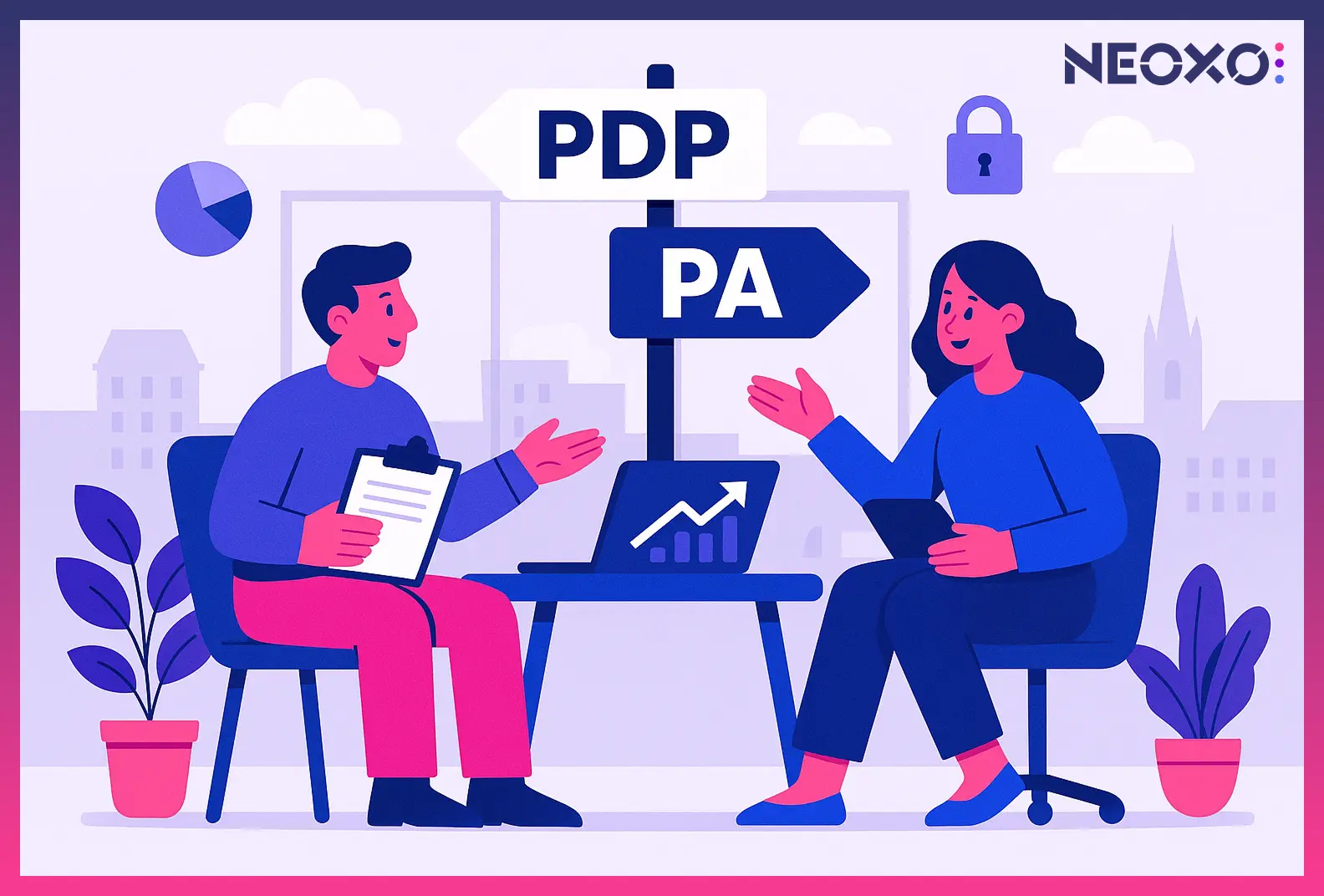 Illustration vectorielle de deux personnes en discussion professionnelle, assises face à face à une table avec un ordinateur portable affichant un graphique de croissance. Au centre, un panneau indique deux directions : « PDP » et « PA ». L’image est dominée par des tons violets et roses, avec le logo NEOXO en haut à droite.