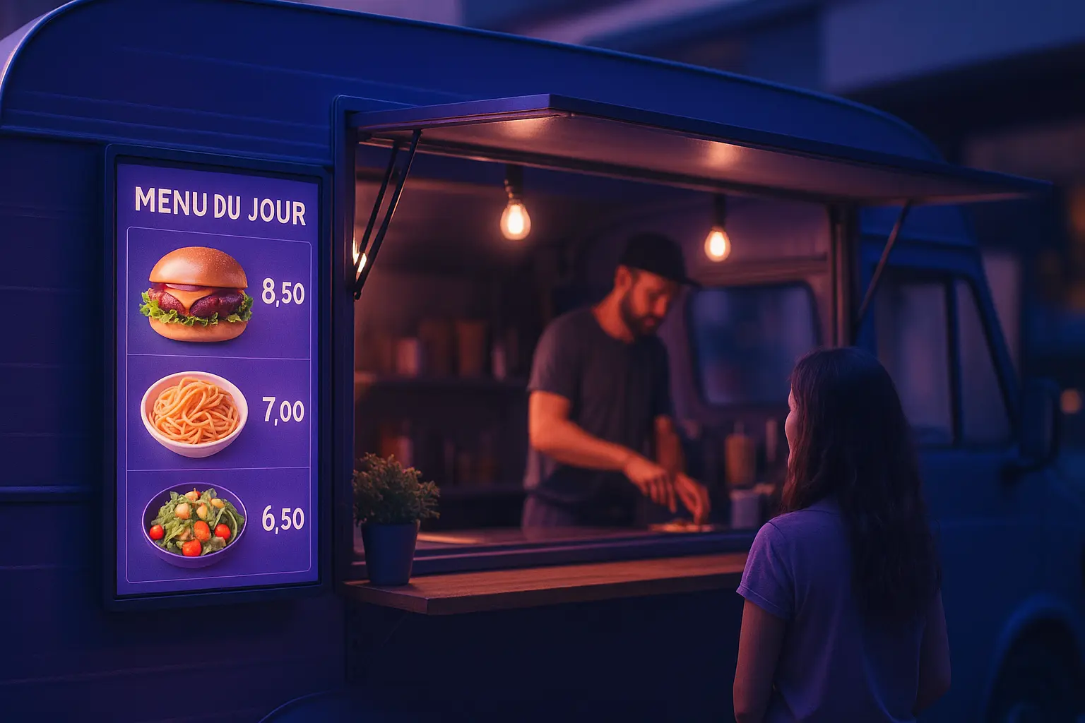 Écran d’affichage dynamique NEOXO sur un food truck, affichant le menu du jour avec images et prix des plats