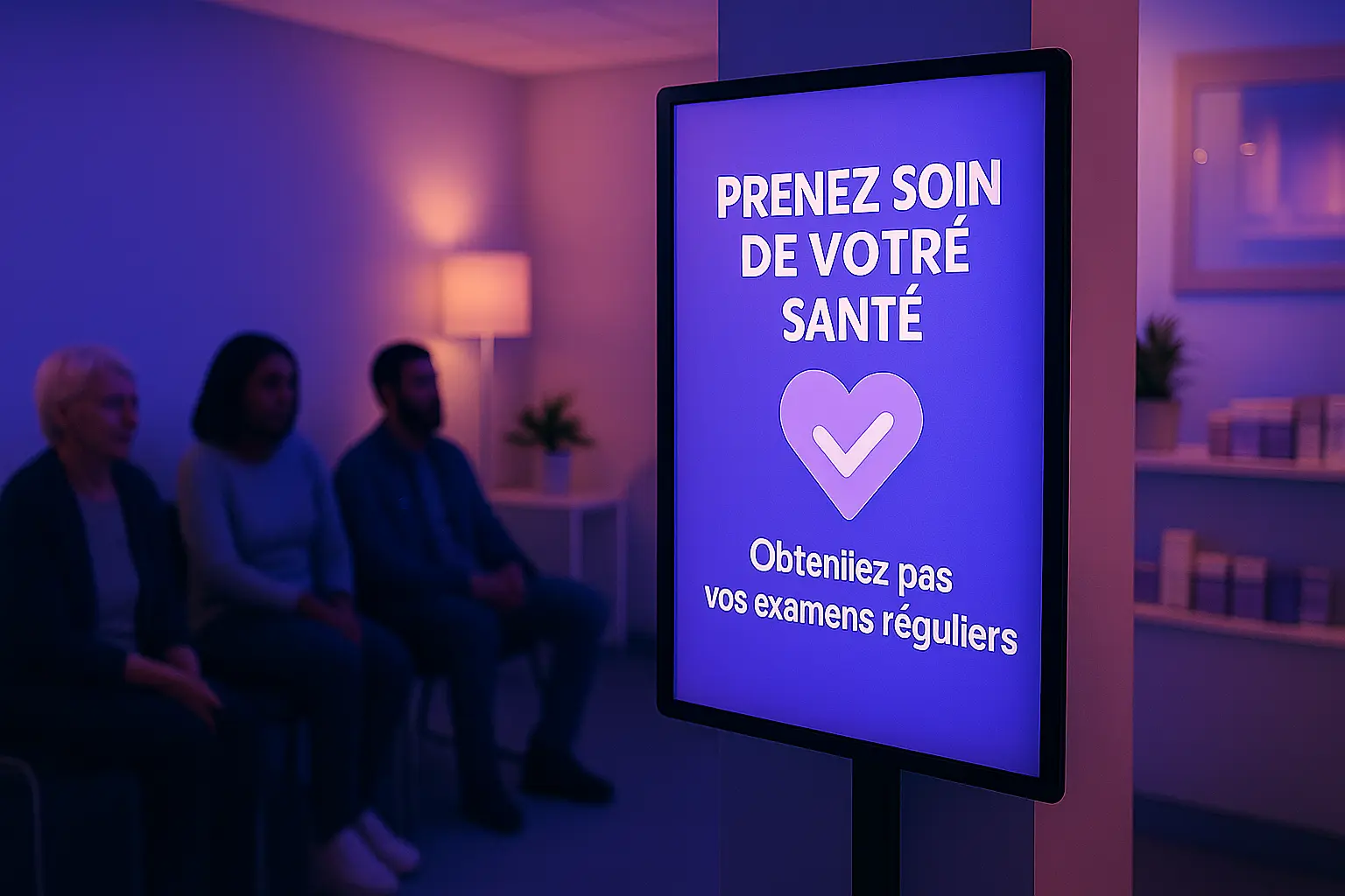 Écran d’affichage dynamique NEOXO en salle d’attente médicale, diffusant un message de prévention santé