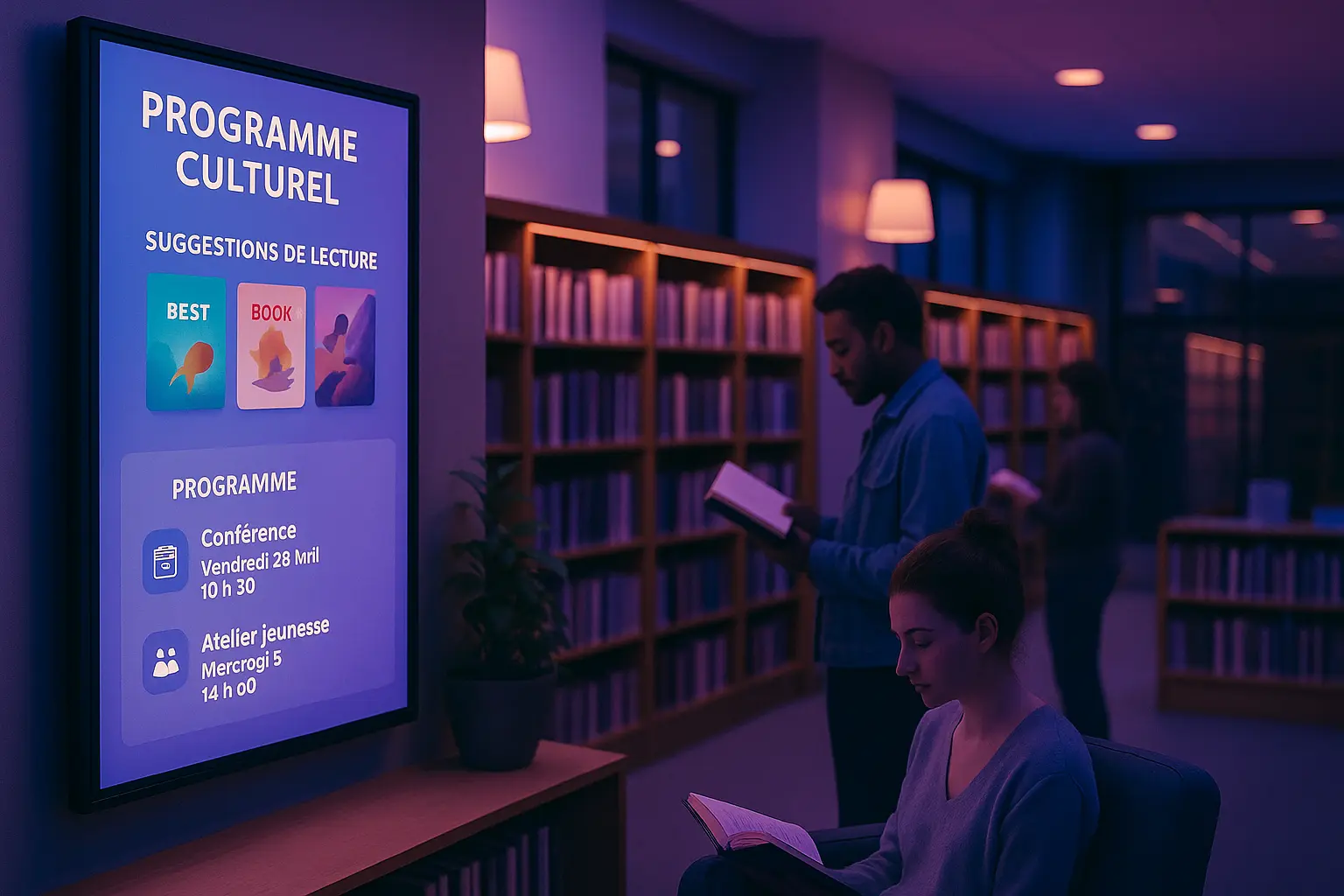 Écran d’affichage dynamique NEOXO dans une bibliothèque, présentant un programme culturel et des suggestions de lecture