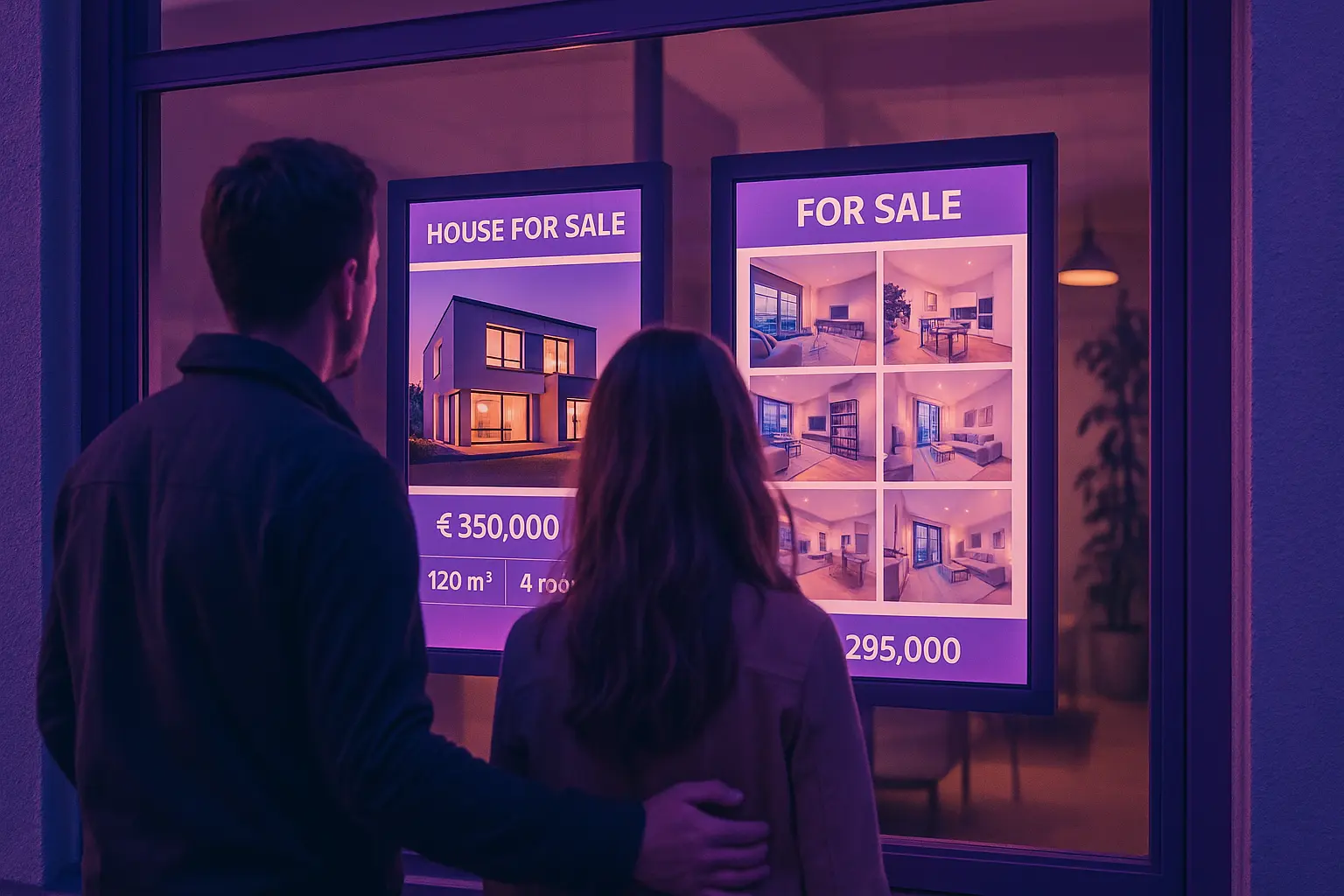 Écrans d’affichage dynamique NEOXO en vitrine d’agence immobilière, montrant des annonces de biens à vendre, consultés par un couple