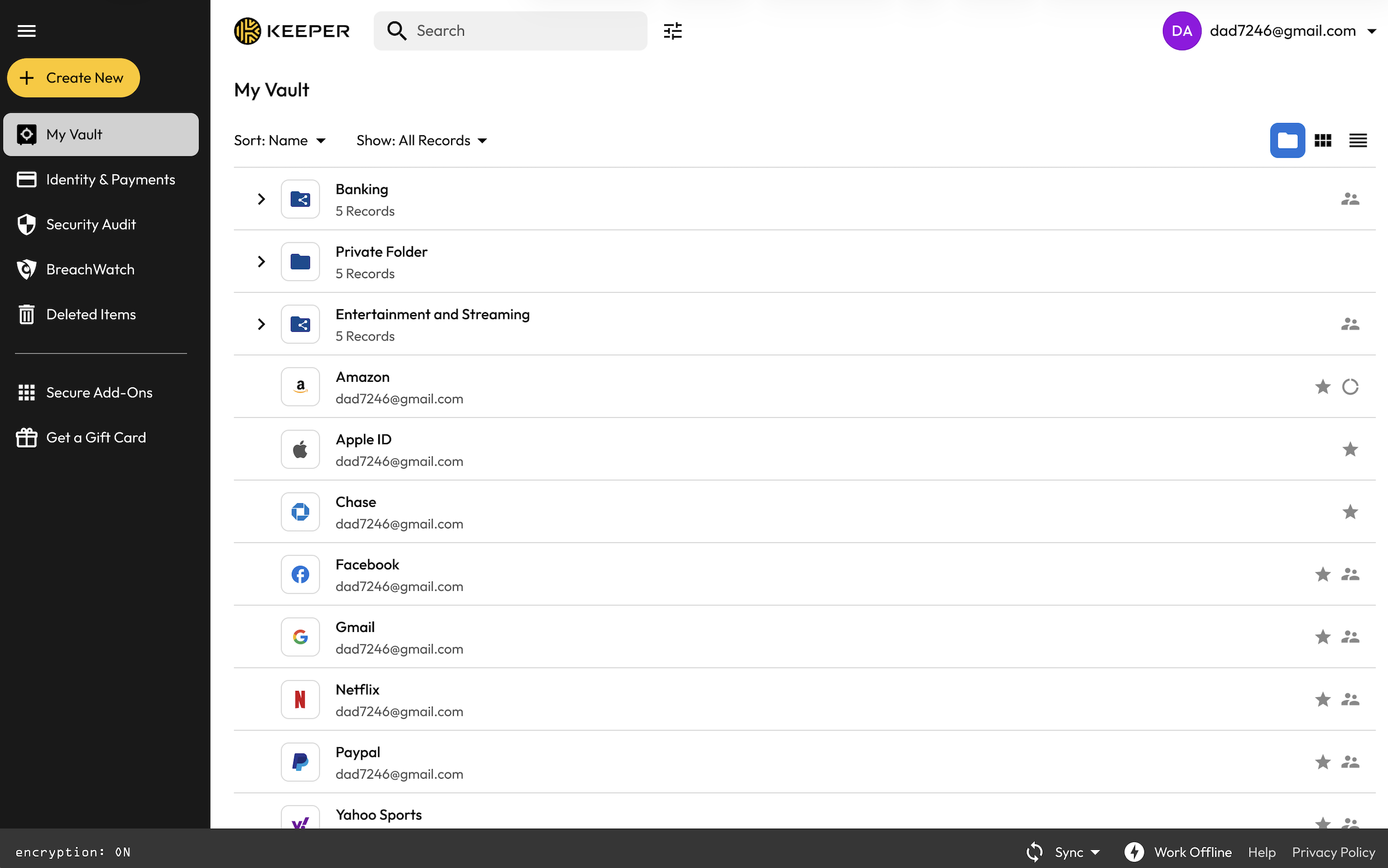 Coffre-fort numérique Keeper Security avec vue grille identifiants Amazon Apple Facebook Google Netflix centralisation mots de passe entreprise