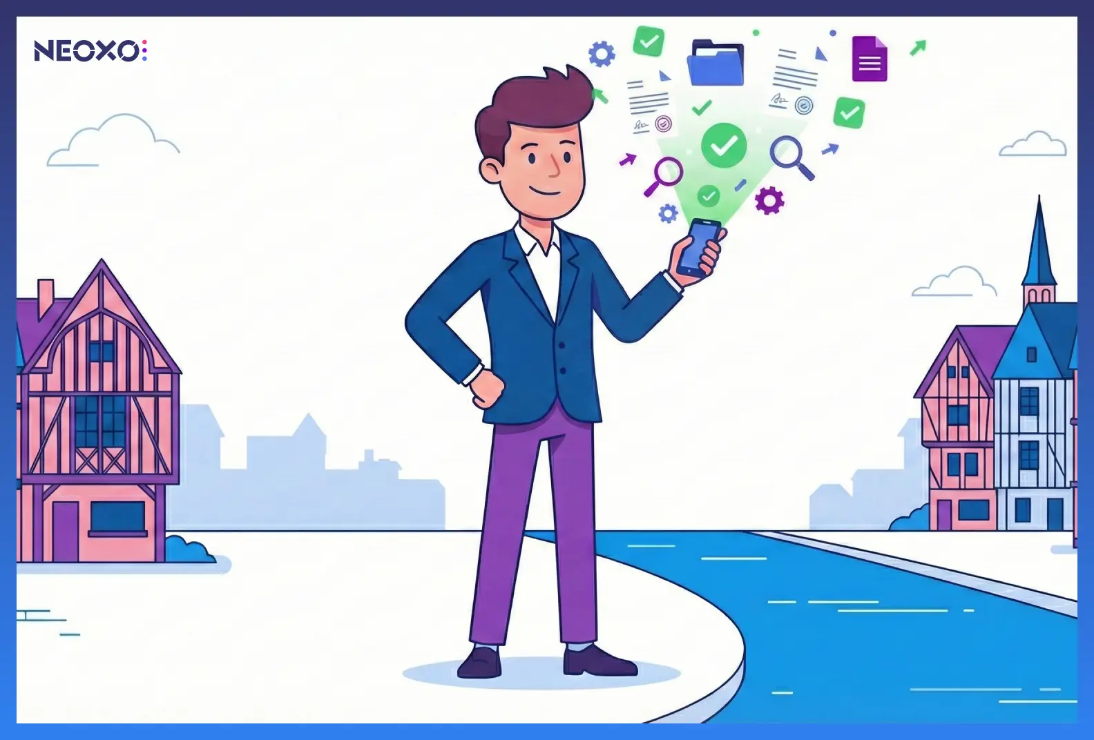 Un personnage marchant d'un pas assuré dans la rue, les mains libres et détendu, avec son smartphone rangé dans sa poche d'où émanent des petites icônes de "validation" et de "coche" vertes.