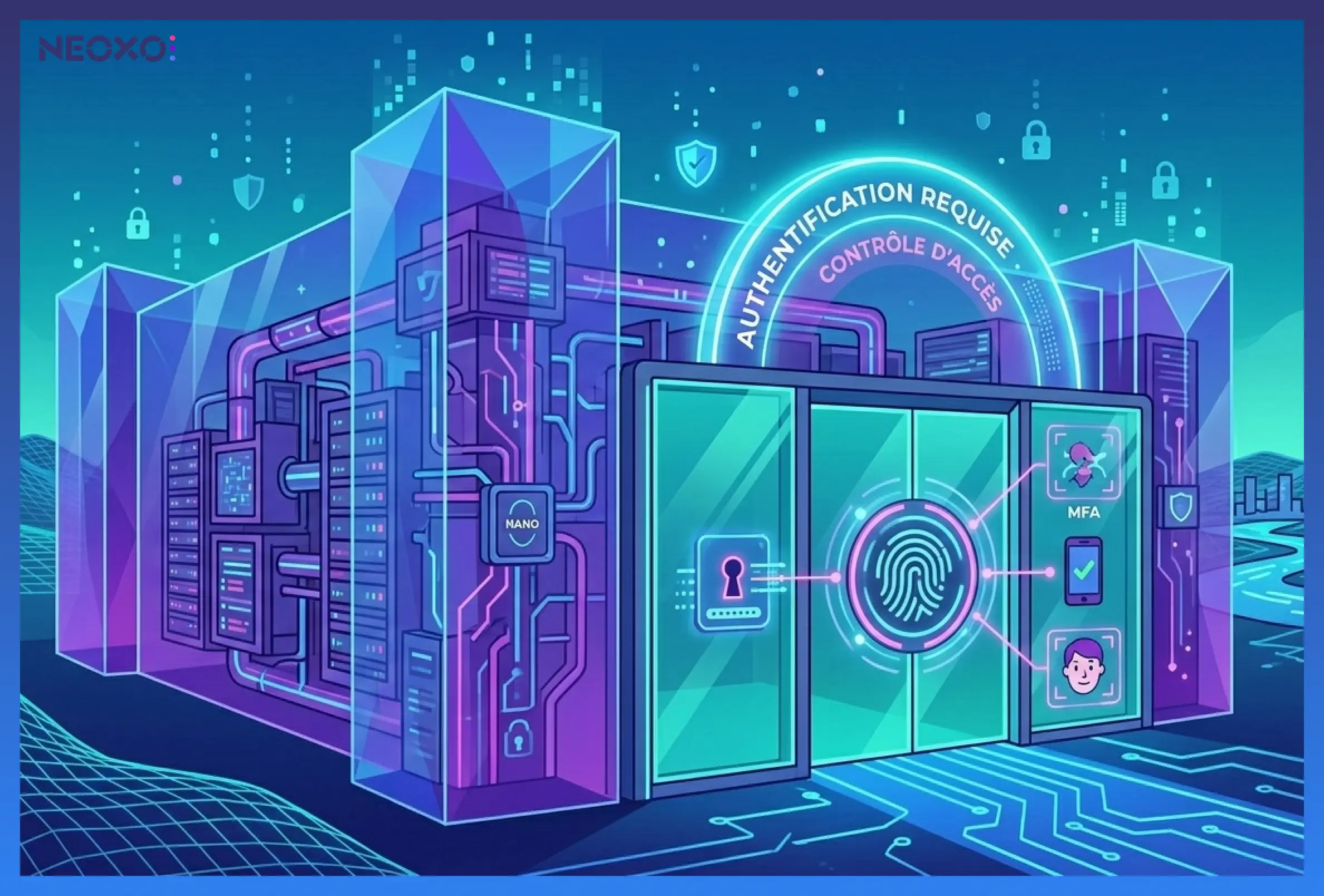 Schéma conceptuel de la protection des infrastructures critiques : serveurs informatiques protégés par un bouclier numérique, illustrant la conformité NIS2 et la lutte contre le ransomware via le contrôle d'accès.