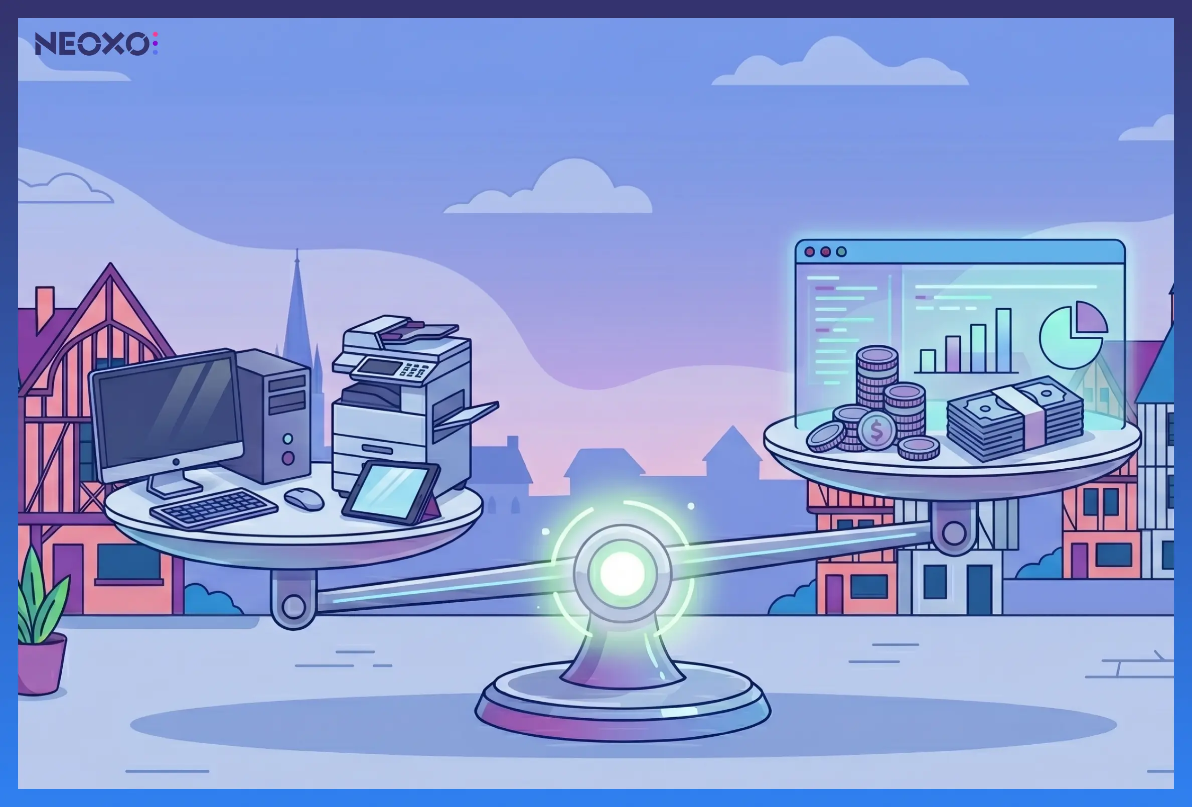 Balance entre matériel informatique et trésorerie symbolisant le choix leasing ou achat pour le financement de matériel informatique dans l'Aube