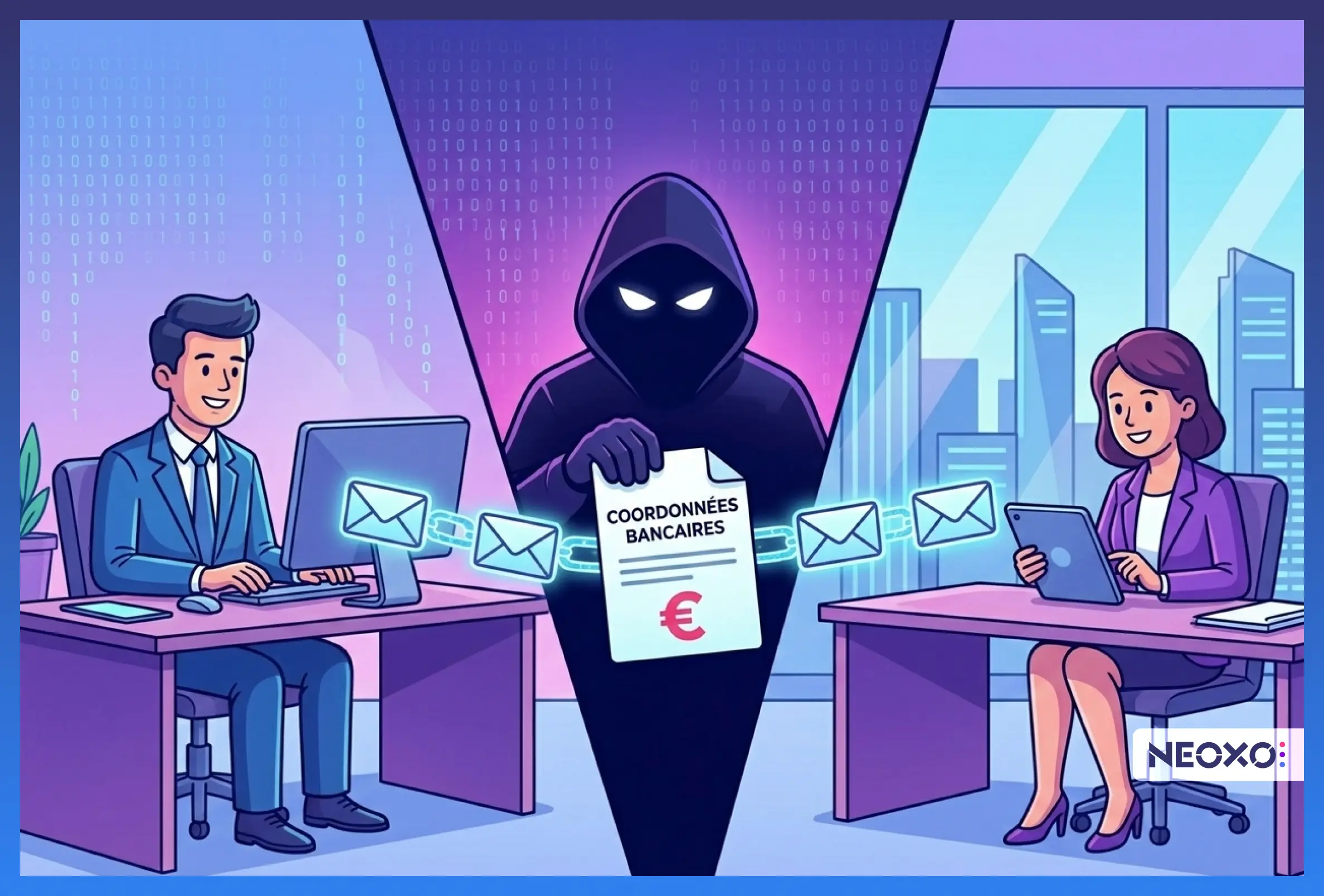 Fraudeur interceptant un échange de mails entre deux professionnels pour substituer un document de coordonnées bancaires, illustrant la fraude au faux RIB