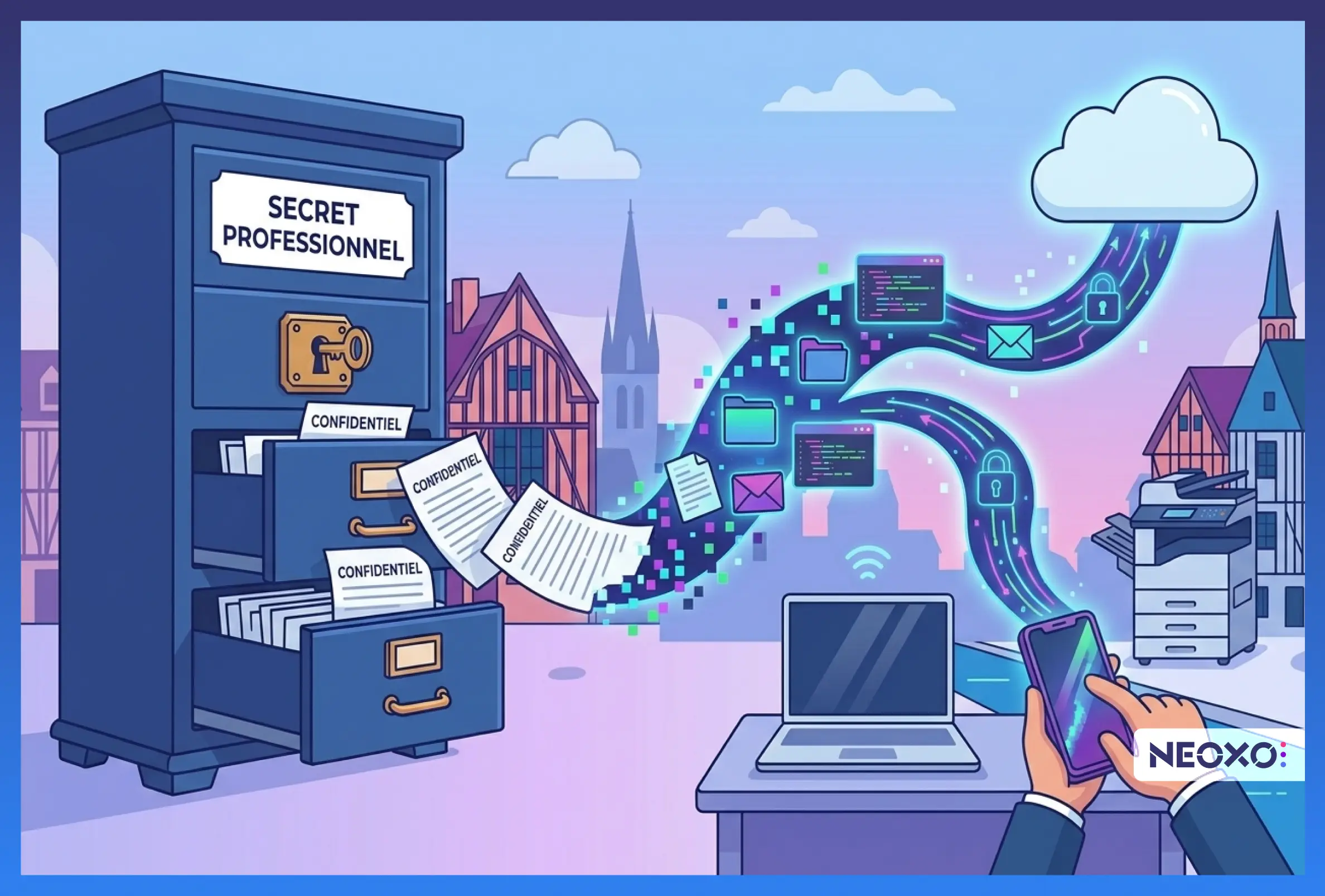 Documents confidentiels s'échappant d'une armoire sécurisée marquée secret professionnel vers le cloud, la messagerie et les appareils numériques d'un cabinet