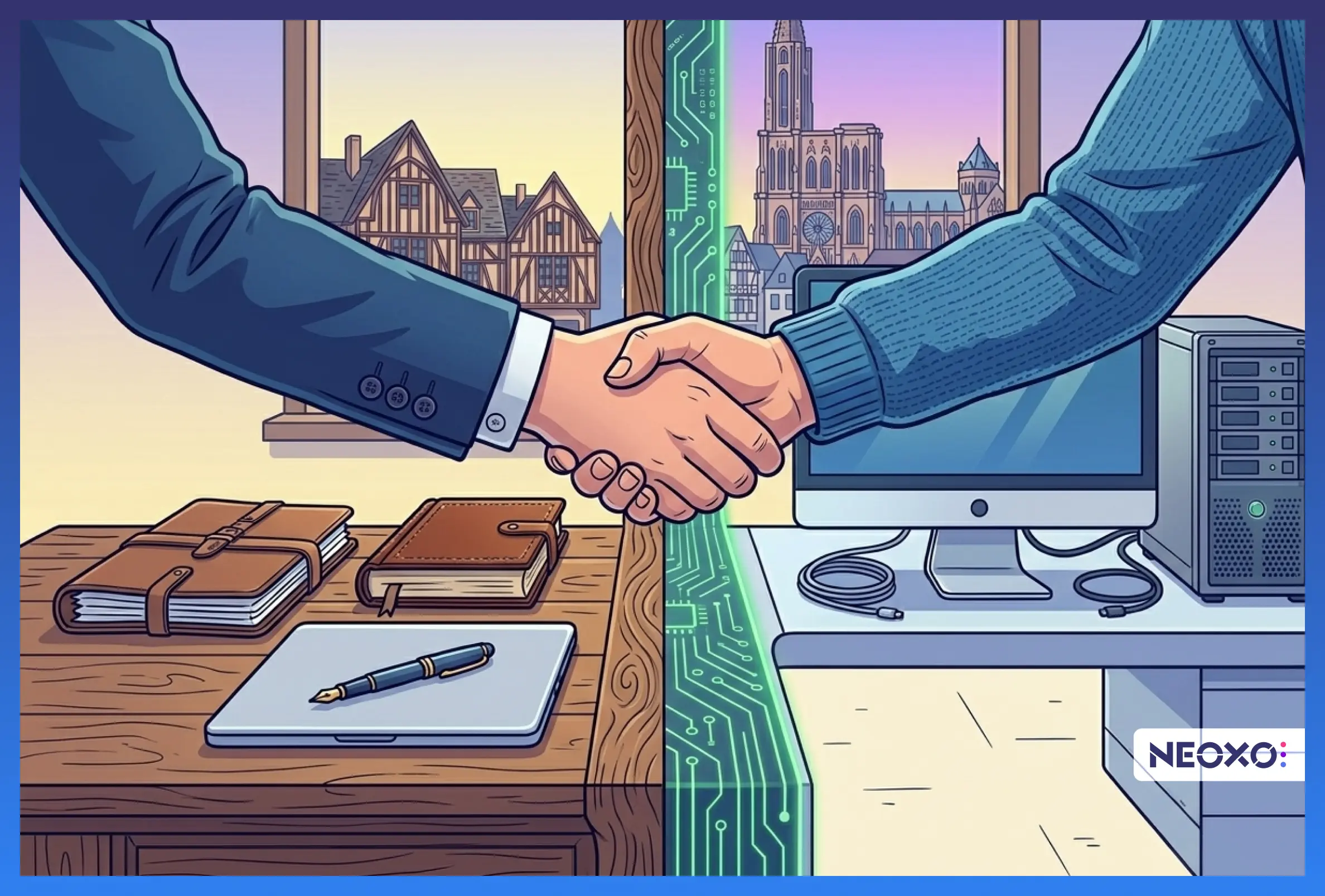 Poignée de main entre un professionnel du droit et un prestataire informatique, entre étude traditionnelle et environnement numérique, illustrant le choix d'un prestataire informatique pour cabinet dans l'Aube