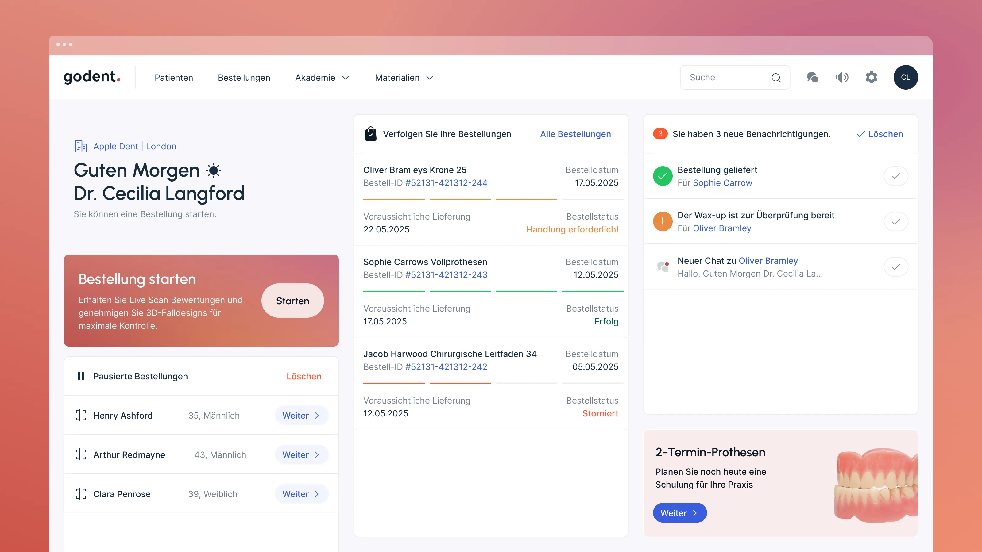 Modern interface of the Godent digital lab portal
