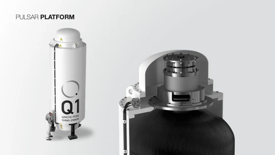 Qnetic Q1 Pulsar Platform flywheel energy storage system with internal cross-section view