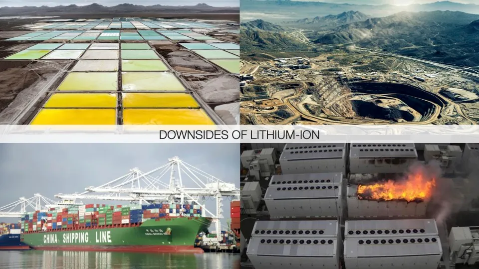 Collage illustrating downsides of lithium-ion including mining, shipping, and fire hazards